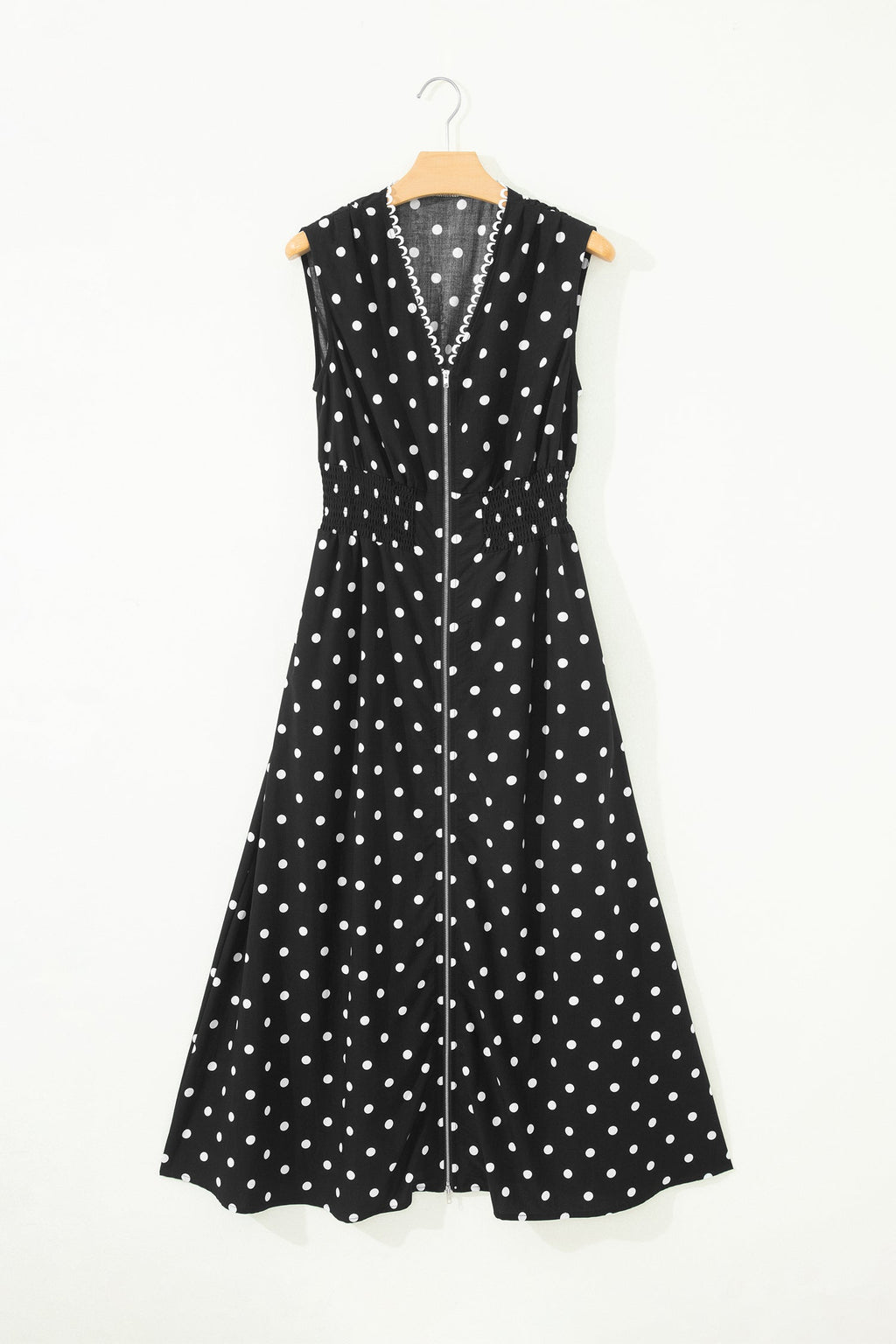 Polka Dot Zip Up V-Neck Sleeveless Dress