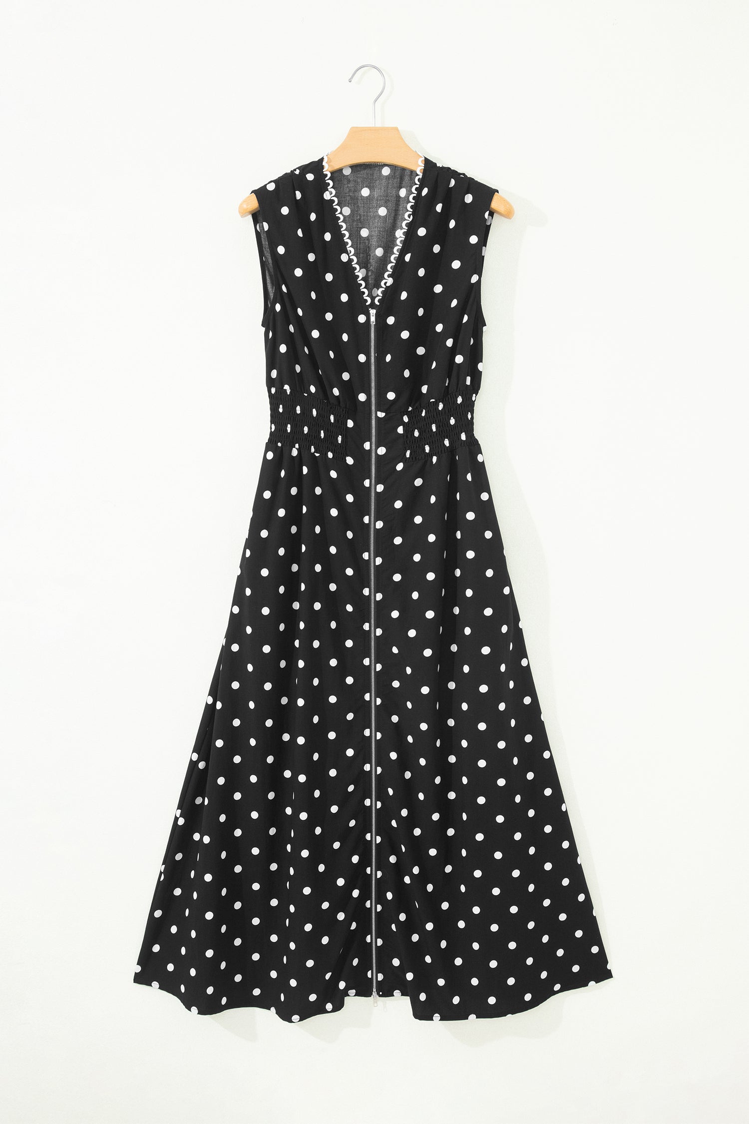 Polka Dot Zip Up V-Neck Sleeveless Dress