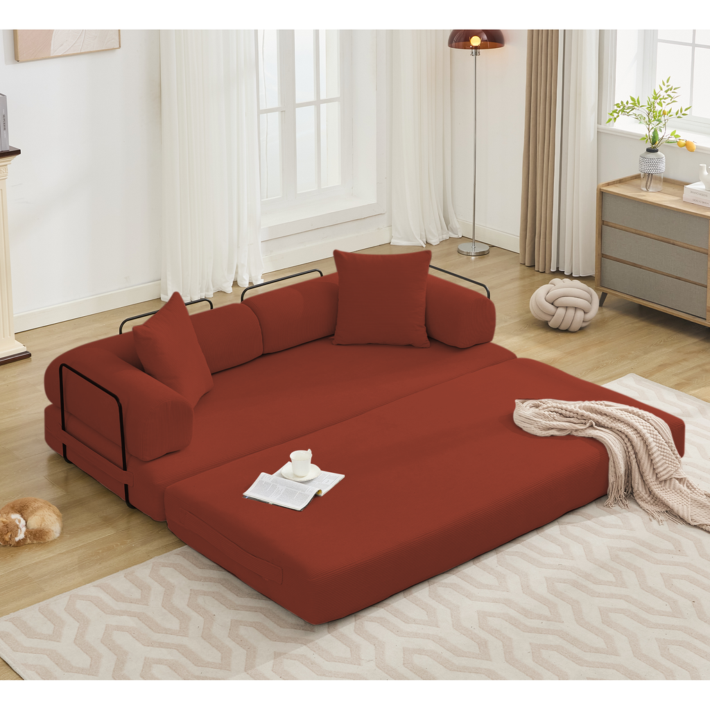 [NEW ARRIVED] [VIDEO PROVIDED] 78.5' Folding Convertible Out Sleeper Sofa Bed,5-in-1 DIY Combination Convertible  Sofa, 3 seat, Folding Sleeper Sofa, King Size , Bedroom,Apartment,Corduroy,Ancora Red