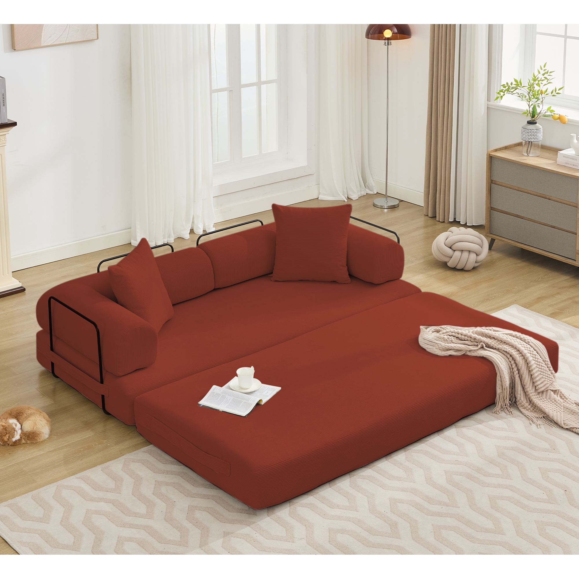 [NEW ARRIVED] [VIDEO PROVIDED] 78.5' Folding Convertible Out Sleeper Sofa Bed,5-in-1 DIY Combination Convertible  Sofa, 3 seat, Folding Sleeper Sofa, King Size , Bedroom,Apartment,Corduroy,Ancora Red