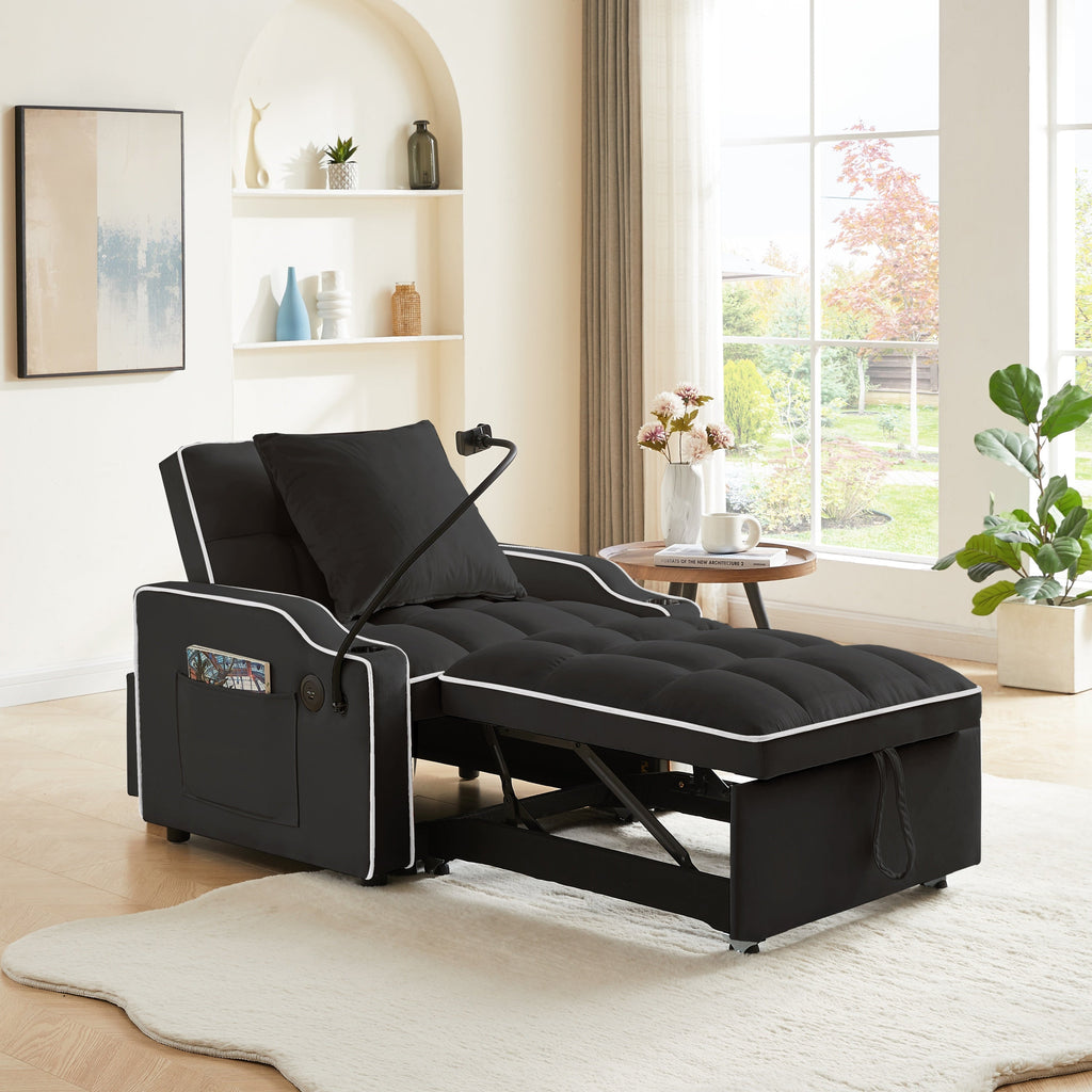 Convertible 3-in-1 Sofa Bed with Multi-Pockets and Adjustable Sleeper in Black Velvet