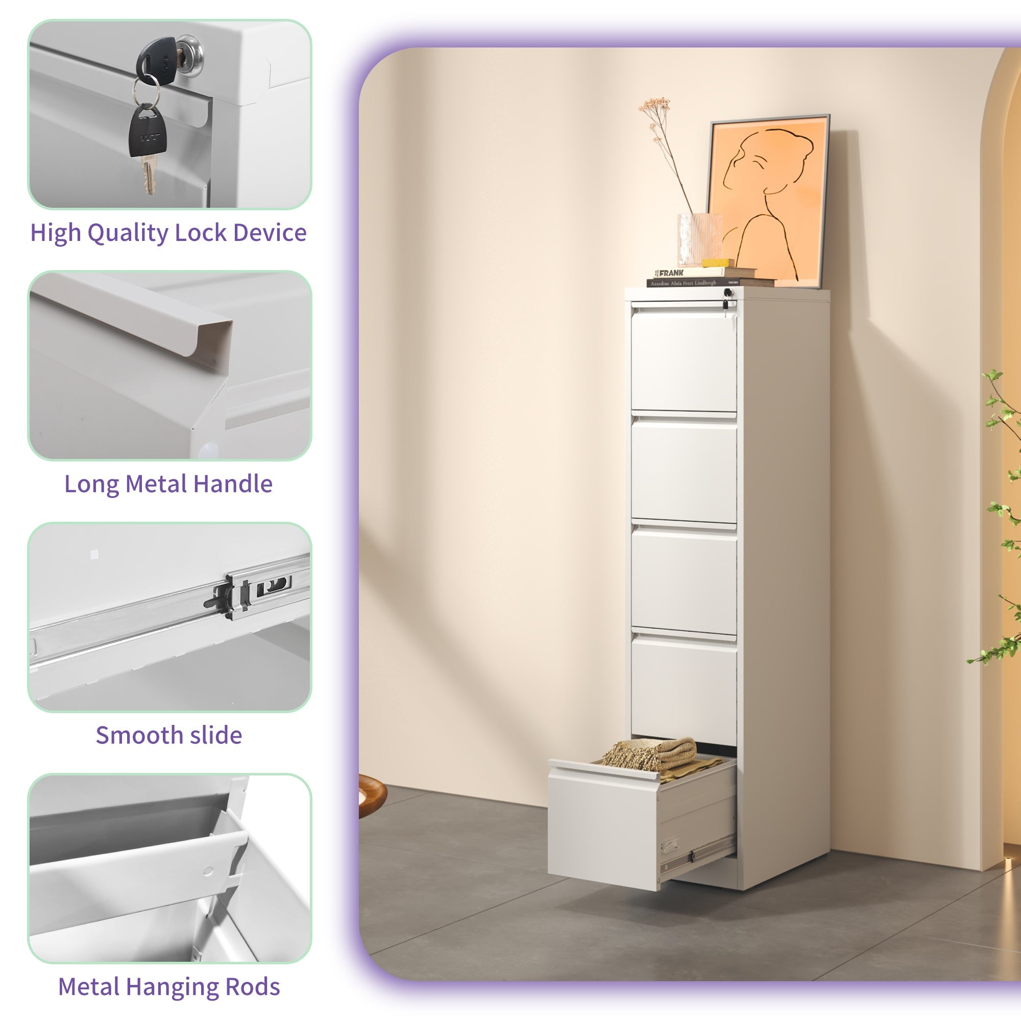 SteelCraft Pro 5 Drawer Metal Vertical File Cabinet with Lock in White for A4 Legal/Letter Size