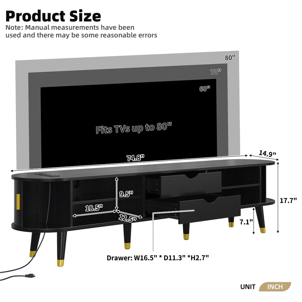[Assembly Video]Wooden Oval Fluted TV Stand with Charging Station for TV up to 80', Mid-Century Media Console with Sliding Tambour Door, Farmhouse TV Cabinet with Golden Handle for Living Room, Black