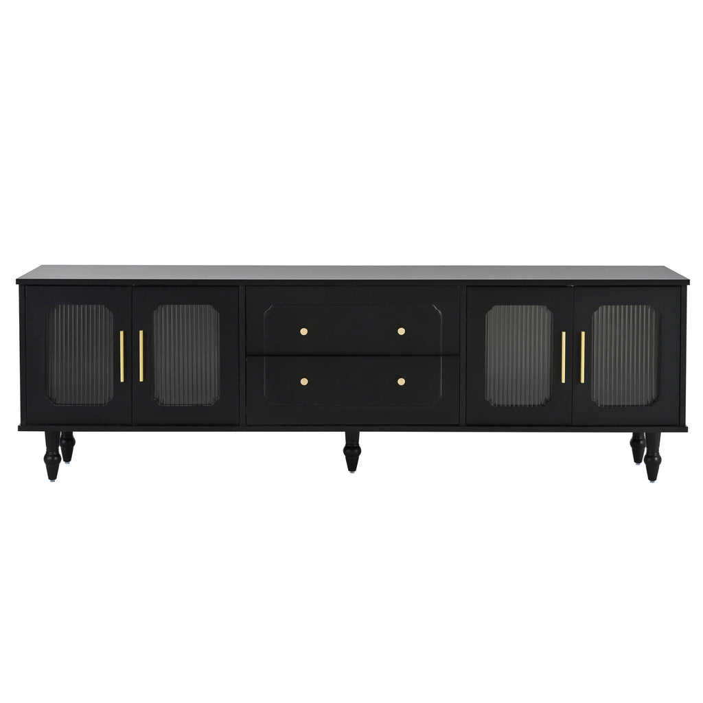 ON-TREND Retro Design TV Stand with Fluted Glass Doors for TVs Up to 78'', Practical Media Console with 2 Drawers and Cabinets, Elegant Entertainment Center for Living Room, Black