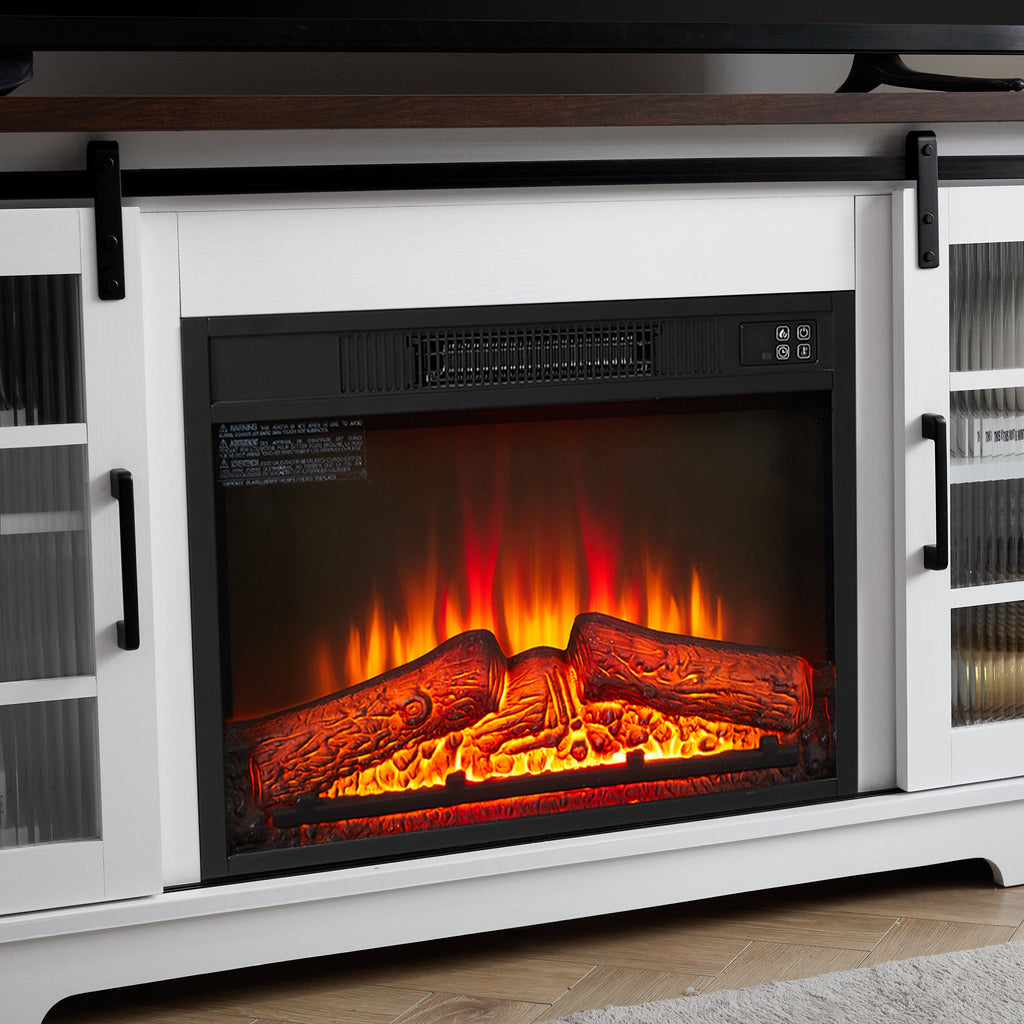 Multipurpose Sliding Door TV Cabinet Large Storage Cabinet with 2 Sliding Glass Doors, TV Storage Rack with 23' Fireplace TV Cabinet, WHITE+BROWN, 59.13'W*15.94'D*27.8'H