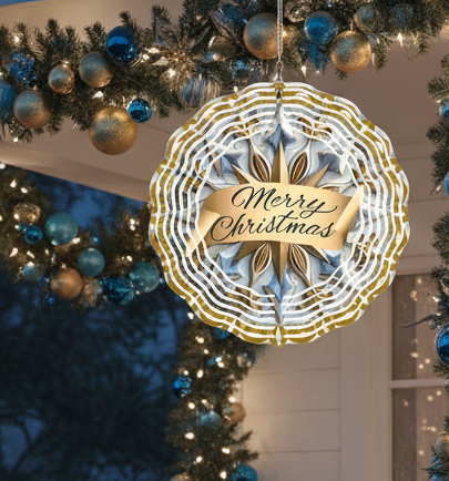 Merry Christmas Blue Mandala Wind Spinner Outdoor Decor