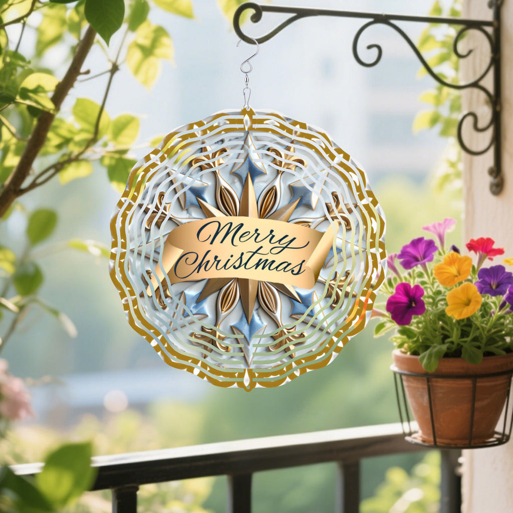 Merry Christmas Blue Mandala Wind Spinner Outdoor Decor