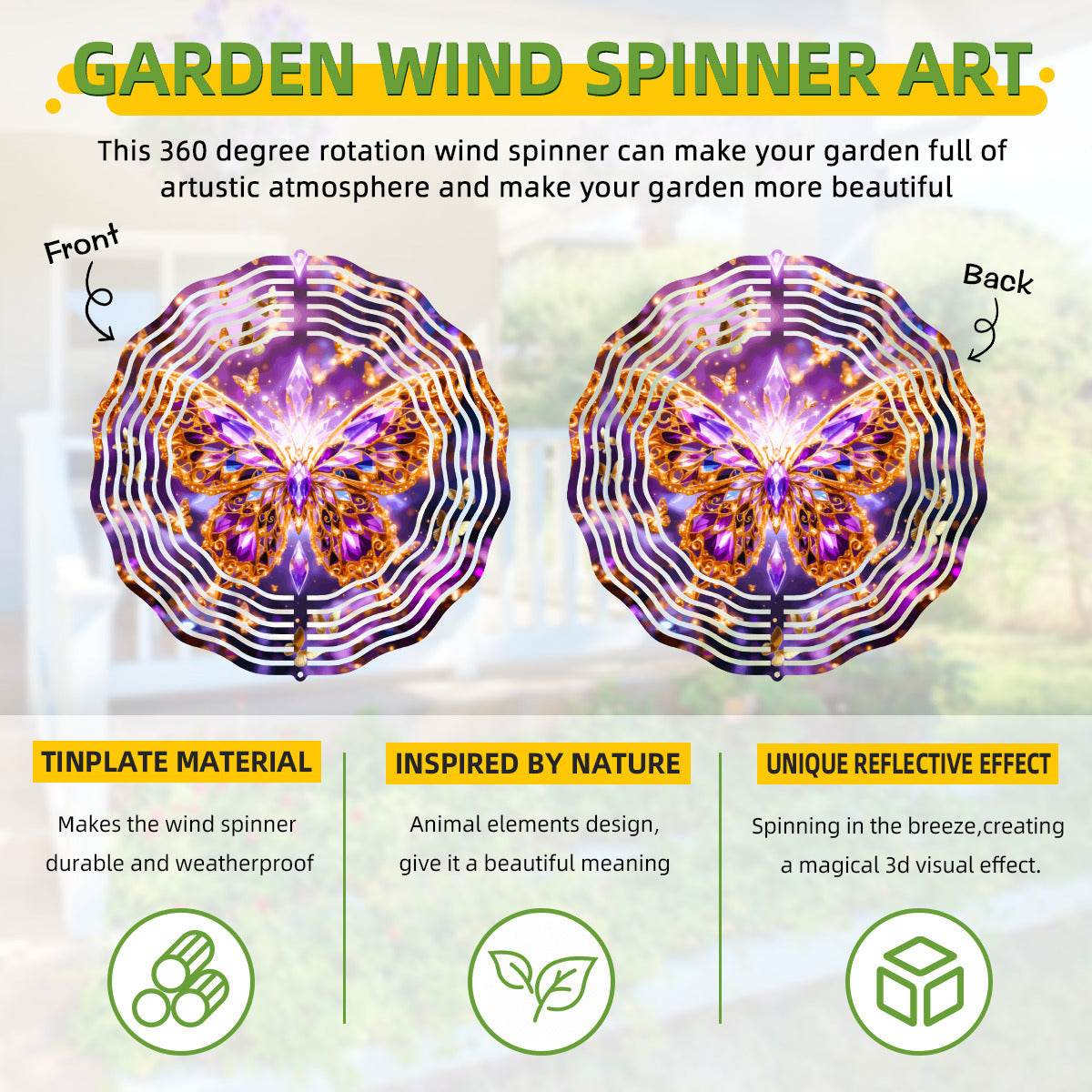 Purple Crystal Butterfly 3D Wind Spinner Outdoor Decor