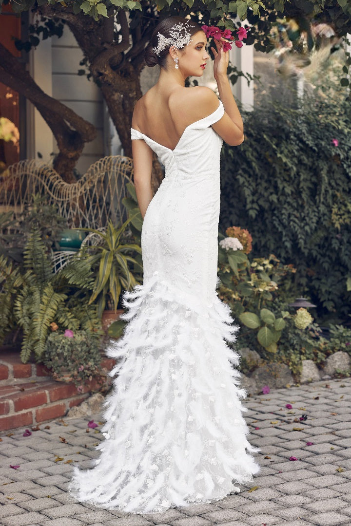 Off The Shoulder Modern Bridal Gown w/ Feathered Skirt & Floral Lace NXC1106W