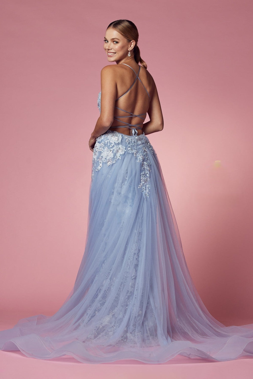 Pearls Embellished Long Formal Gown w/ Floral Motif & Plunging Neckline NXF485