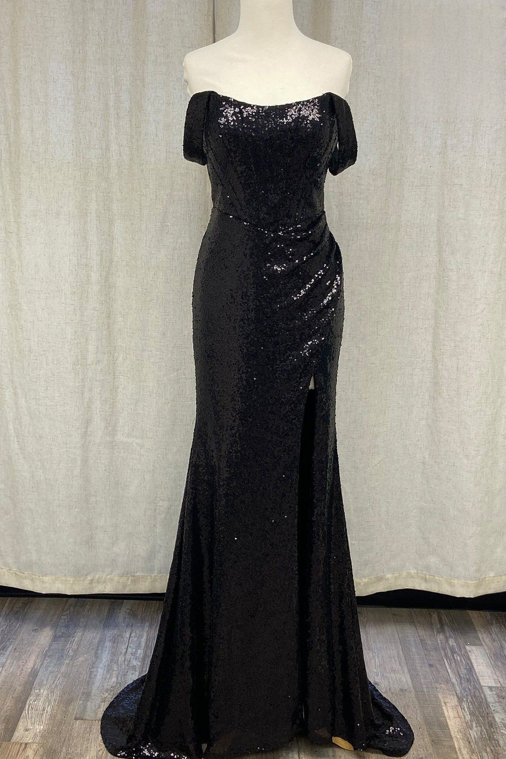 Off The Shoulder Sequins Embellished Evening Dress w/ Straight Across Neckline NXR1203