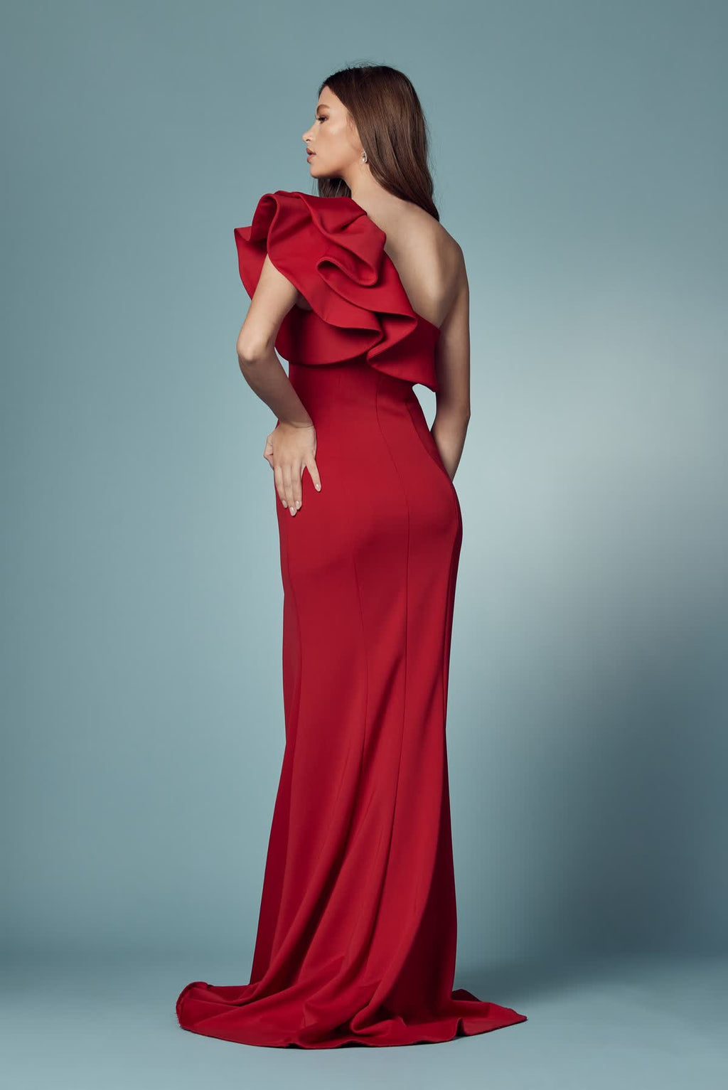 Sheath One Shoulder Festive Gown w/ Ruffled Overlay & Elegant Leg Slit NXE467