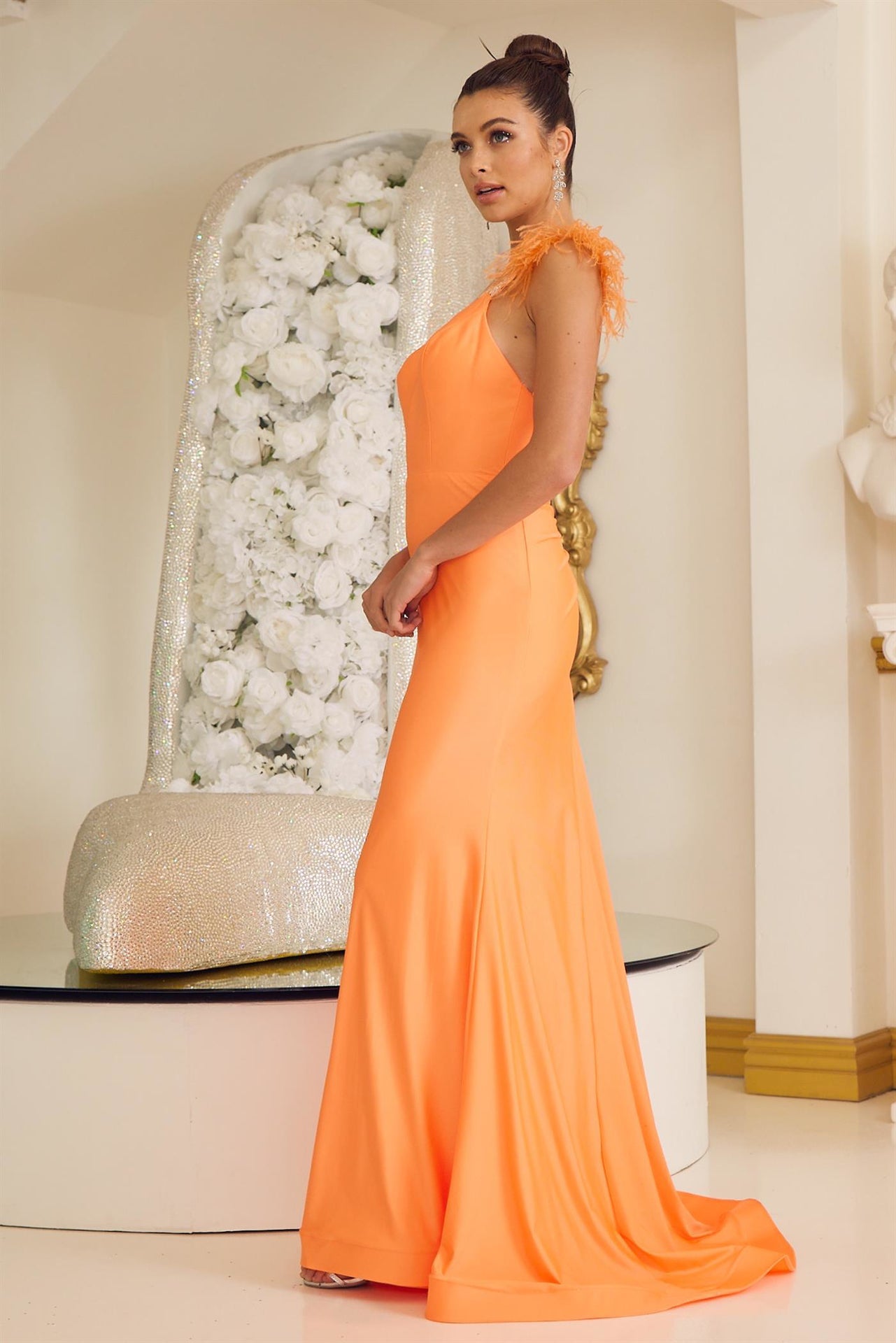 Soft Feathers Embellished Long Sheath Gown w/ Beaded Straps & Open Back NXT1138
