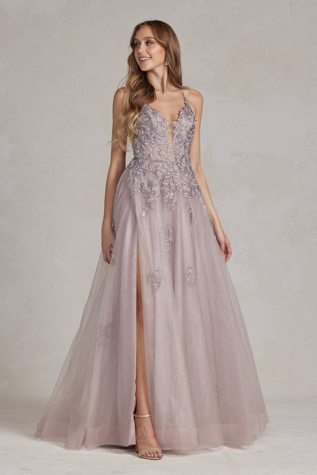 Romantic Floral Lace Embellished A-Line Graduation Dress w/ Charming Leg Slit NXG1149