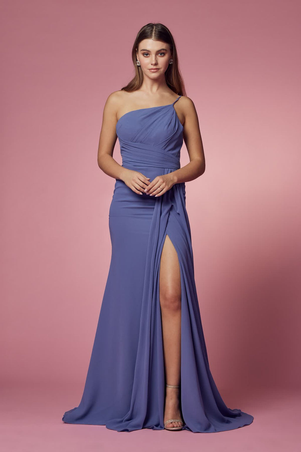 Sleeveless Sheath Bridesmaid Dress w/ One Shoulder Neckline & Pleated Details NXE1005
