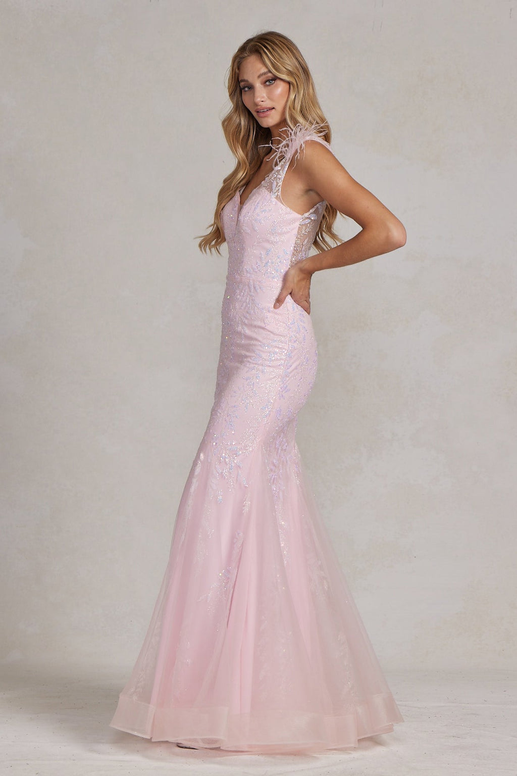 Delicate Feather Embellished Long Senior Party Dress w/ Sequins & Sweetheart Neckline NXT1208