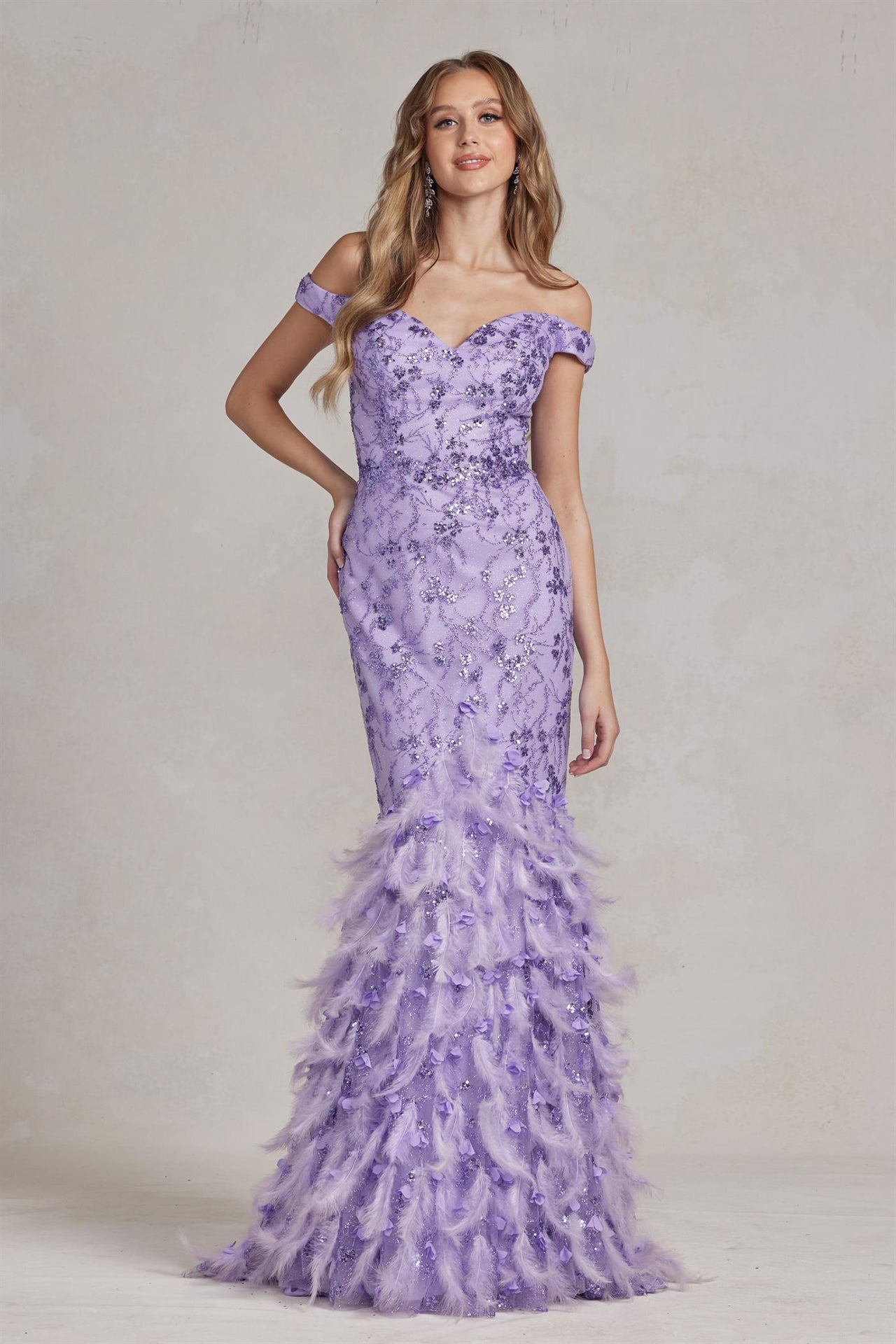 Off The Shoulder Feathers Embellished Long Red Carpet Gown w/ V-Back NXC1106