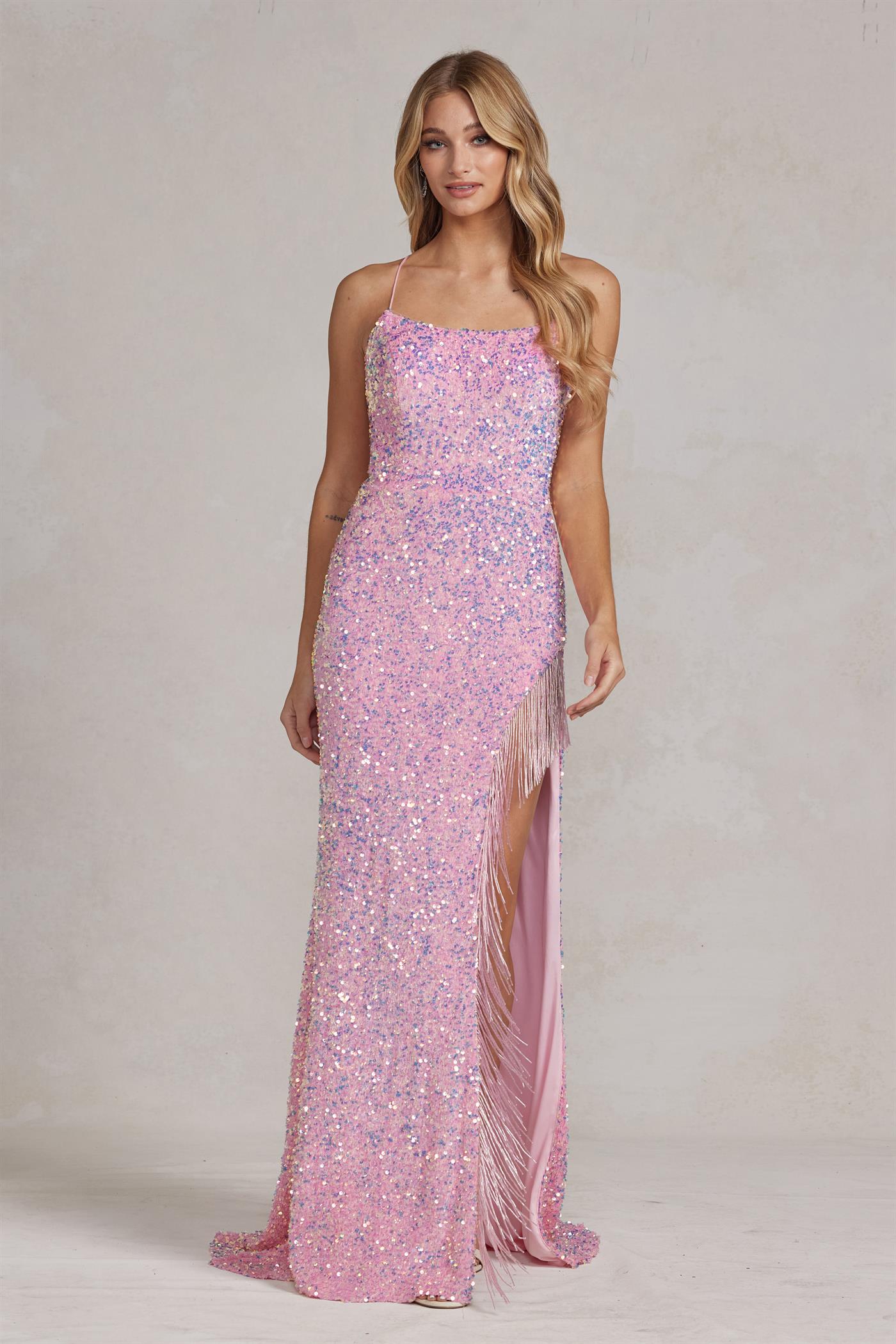 Dazzling Sequins Embellished Sheath Night Out Dress w/ Leg Tassels & Charming Open Back NXT1209