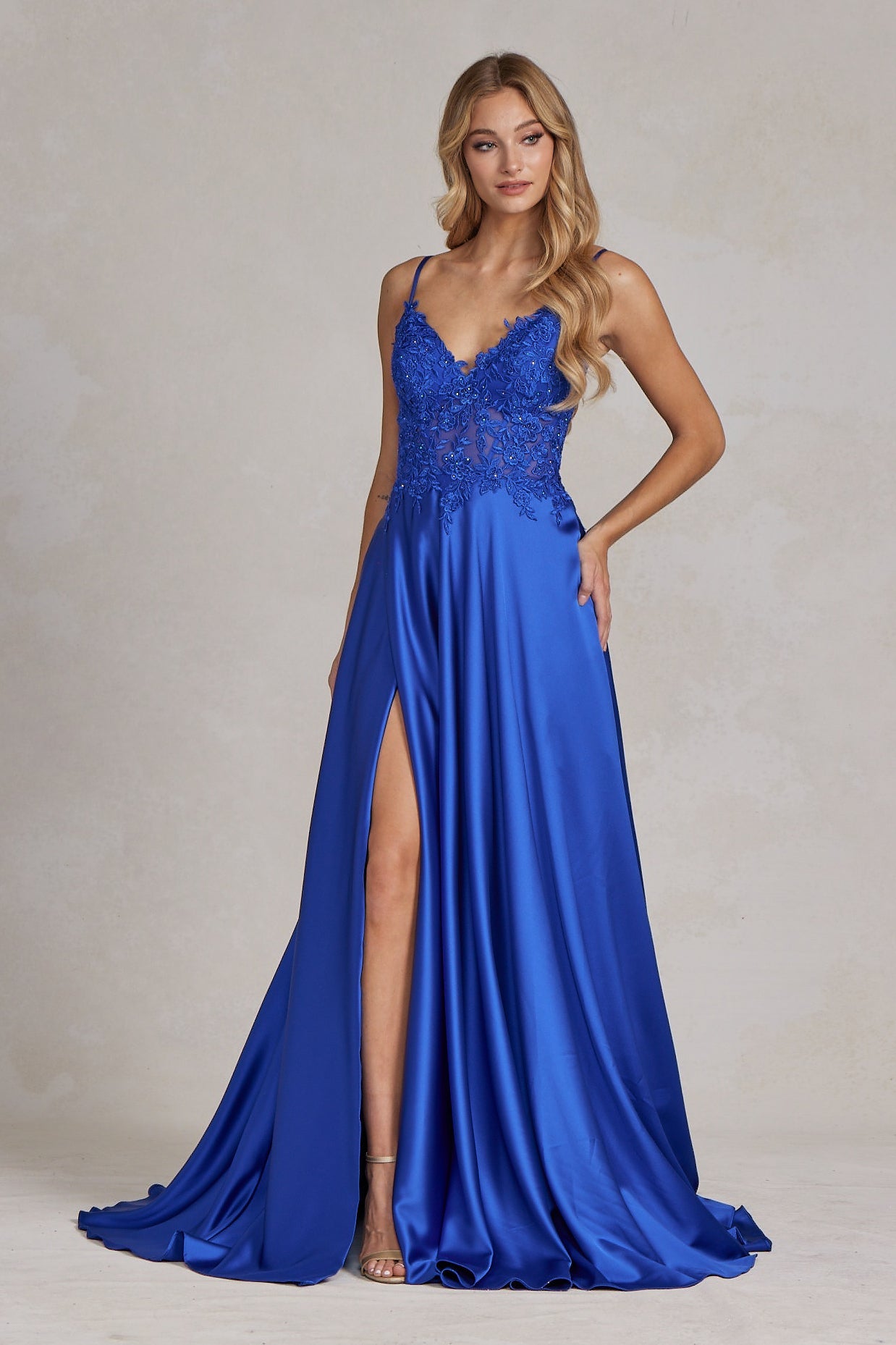 Delicate Lace Embellished A-Line Graduation Satin Gown w/ Side Pockets & Daring Leg Slit NXK1121