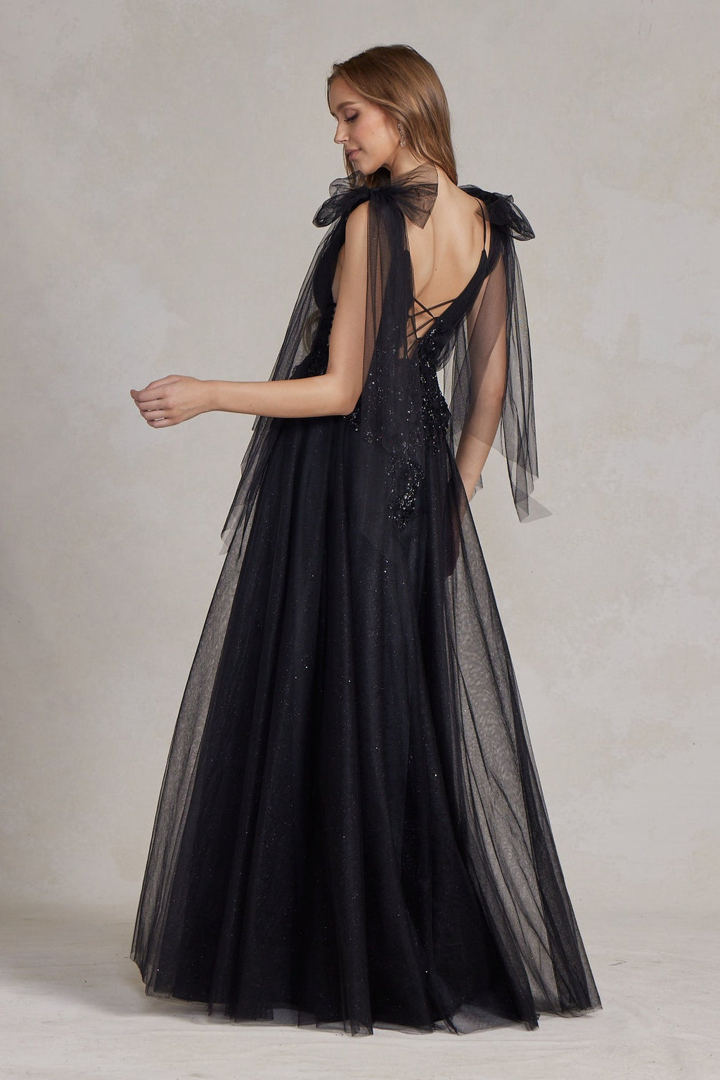 Sleeveless A-Line Lightweight Tulle Gown w/ Plunging Neckline & Off Shoulder Bow Drapes NXE1075