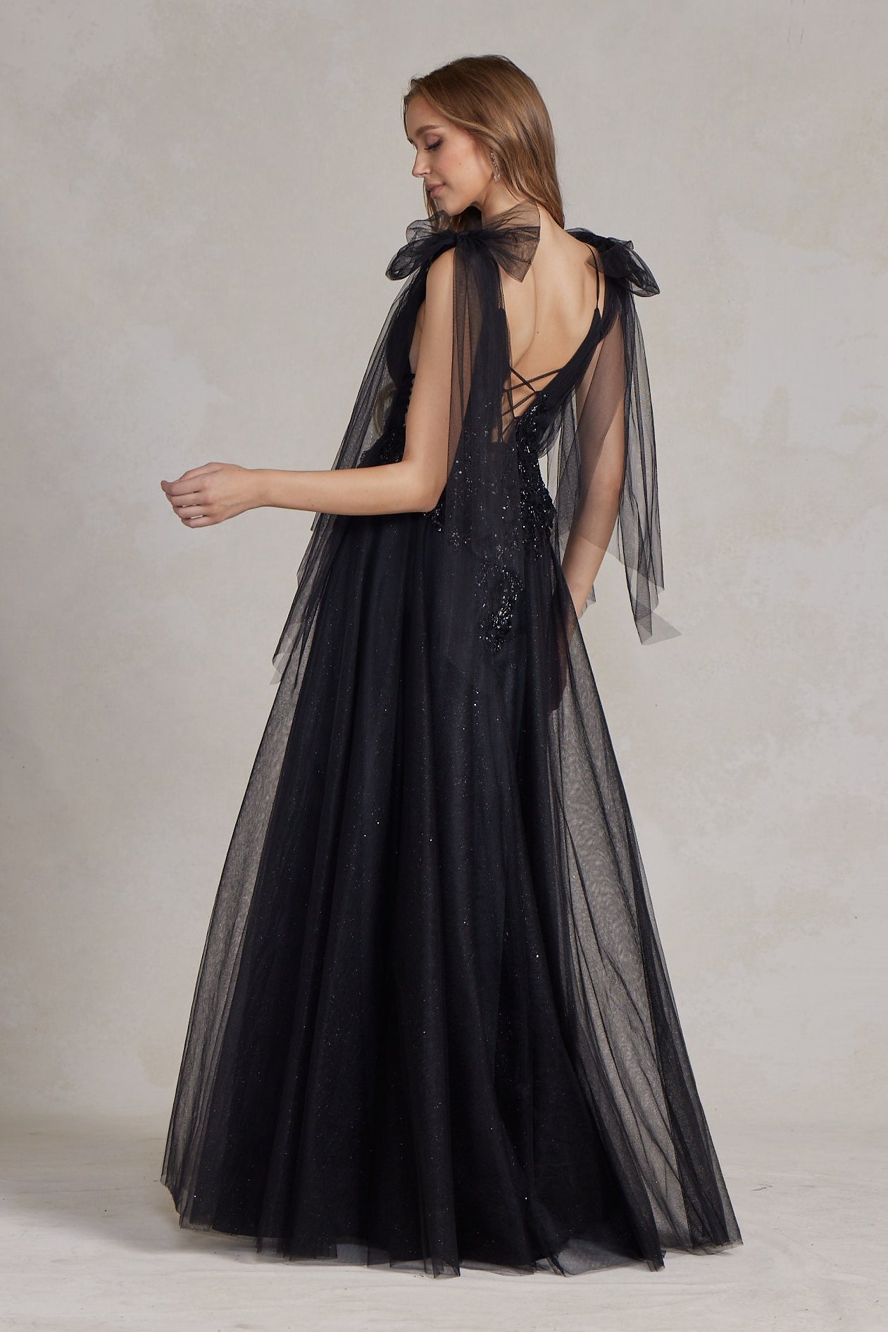 Sleeveless A-Line Lightweight Tulle Gown w/ Plunging Neckline & Off Shoulder Bow Drapes NXE1075
