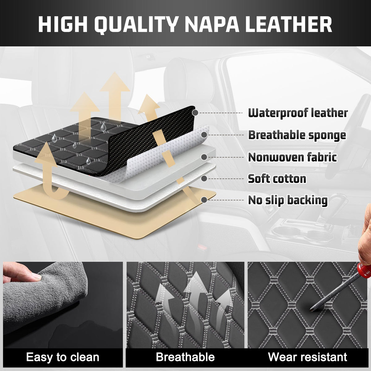 Umbrauto Seat Cover for Chevy Silverado/GMC Sierra 1500 2007-2013&2019-2026,3D Laser-Scan Custom Fit 2500/3500HD 2020-2026 Crew/Double Cab, Nappa Leather, Waterproof, Full Coverage, Airbag Compatible,Gray