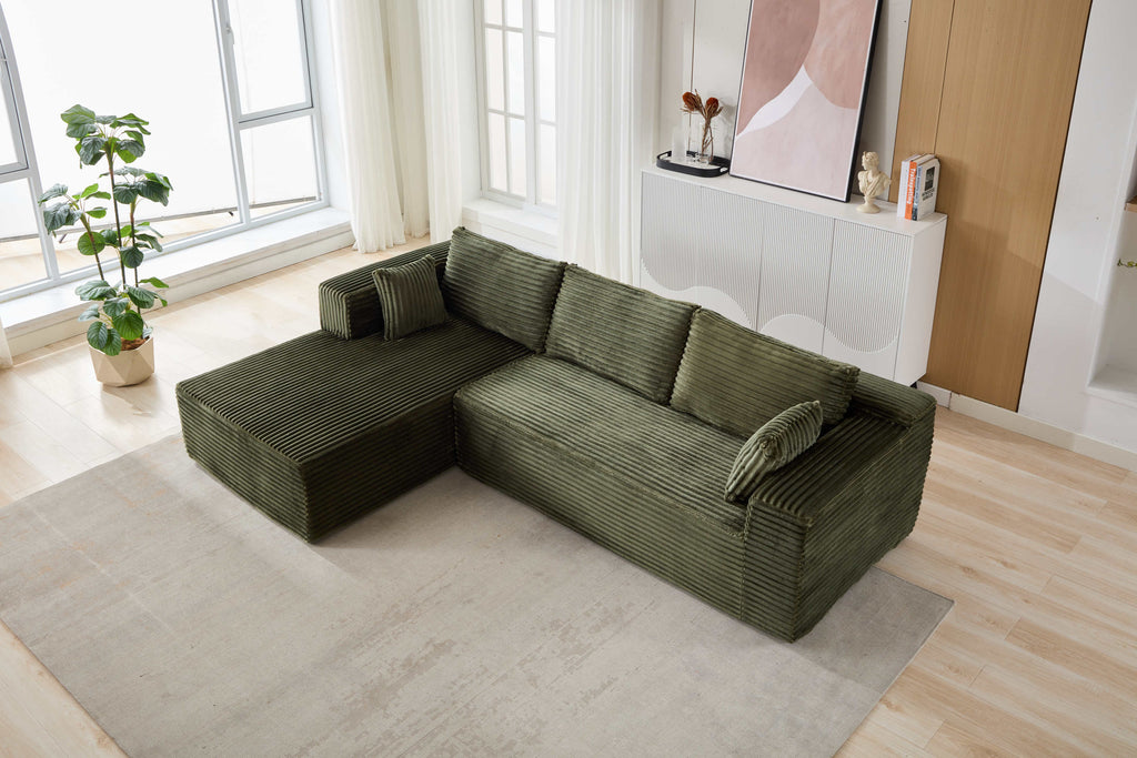 Compression Sectional Couch with Comfy Chaise, Boneless L Shape Sofa with Deep Seat, Minimalist Modular Couches Sleeper for Living Room Bedroom Apartment Lounge,corduroy,Green