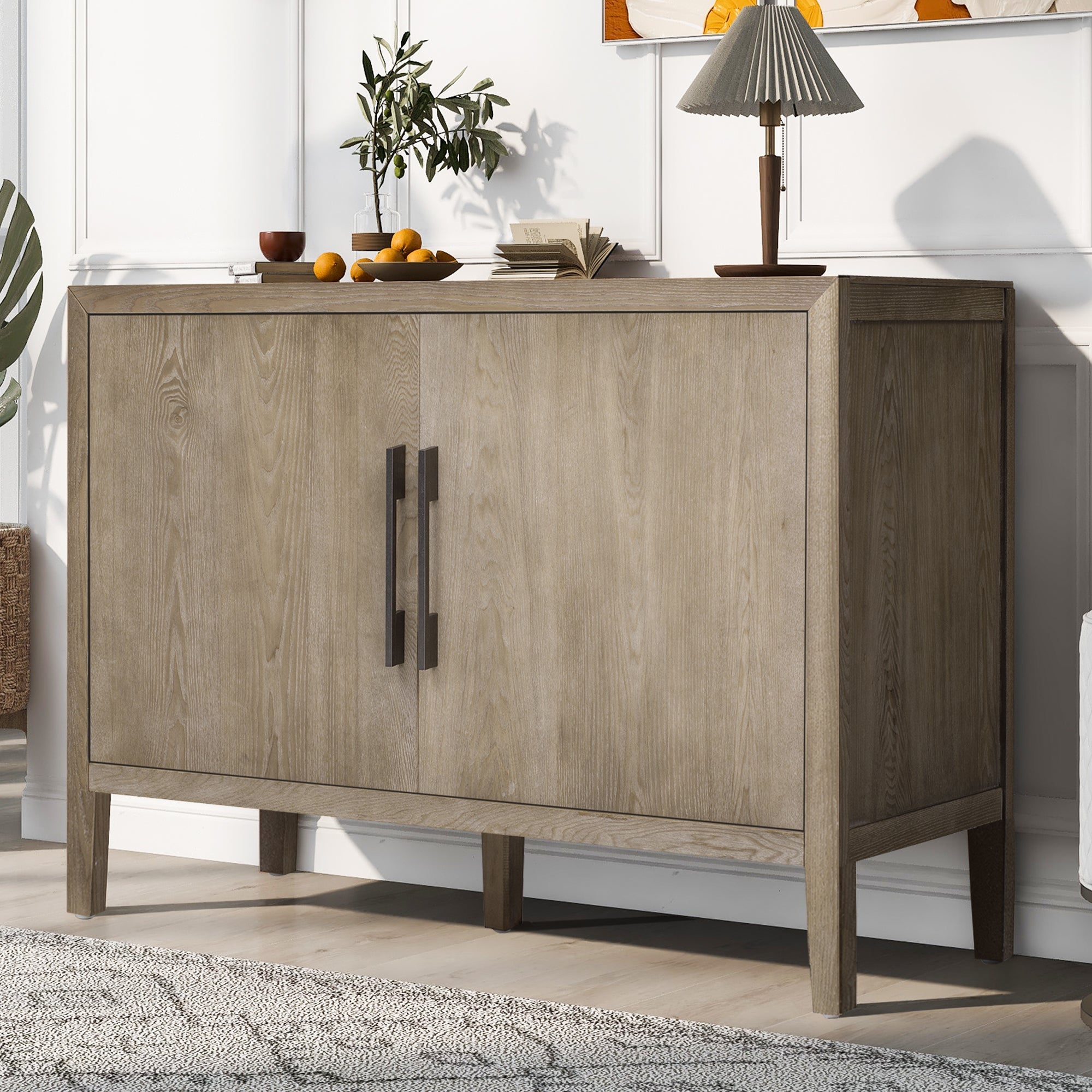 U_STYLE 47.2-Inch Farmhouse Sideboard with Ash Veneer and 2 Doors, Retro Buffet with 3-Tier Shelves and Adjustable Feet, Minimalist Wooden Storage Cabinet with Iron Handles for Living Room, Kitchen