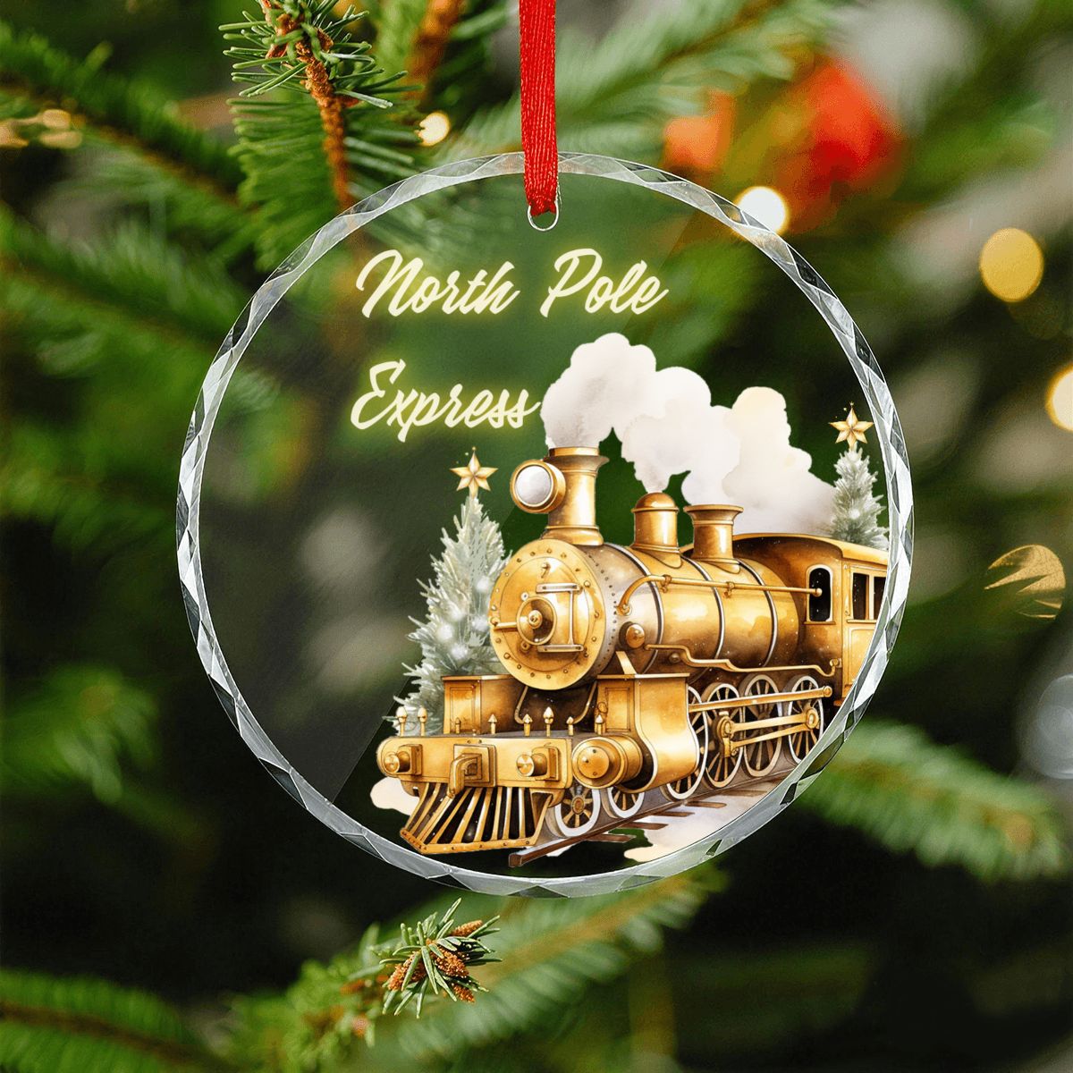 North Pole Express Golden Train Round Glass Christmas Ornament (Made in USA)