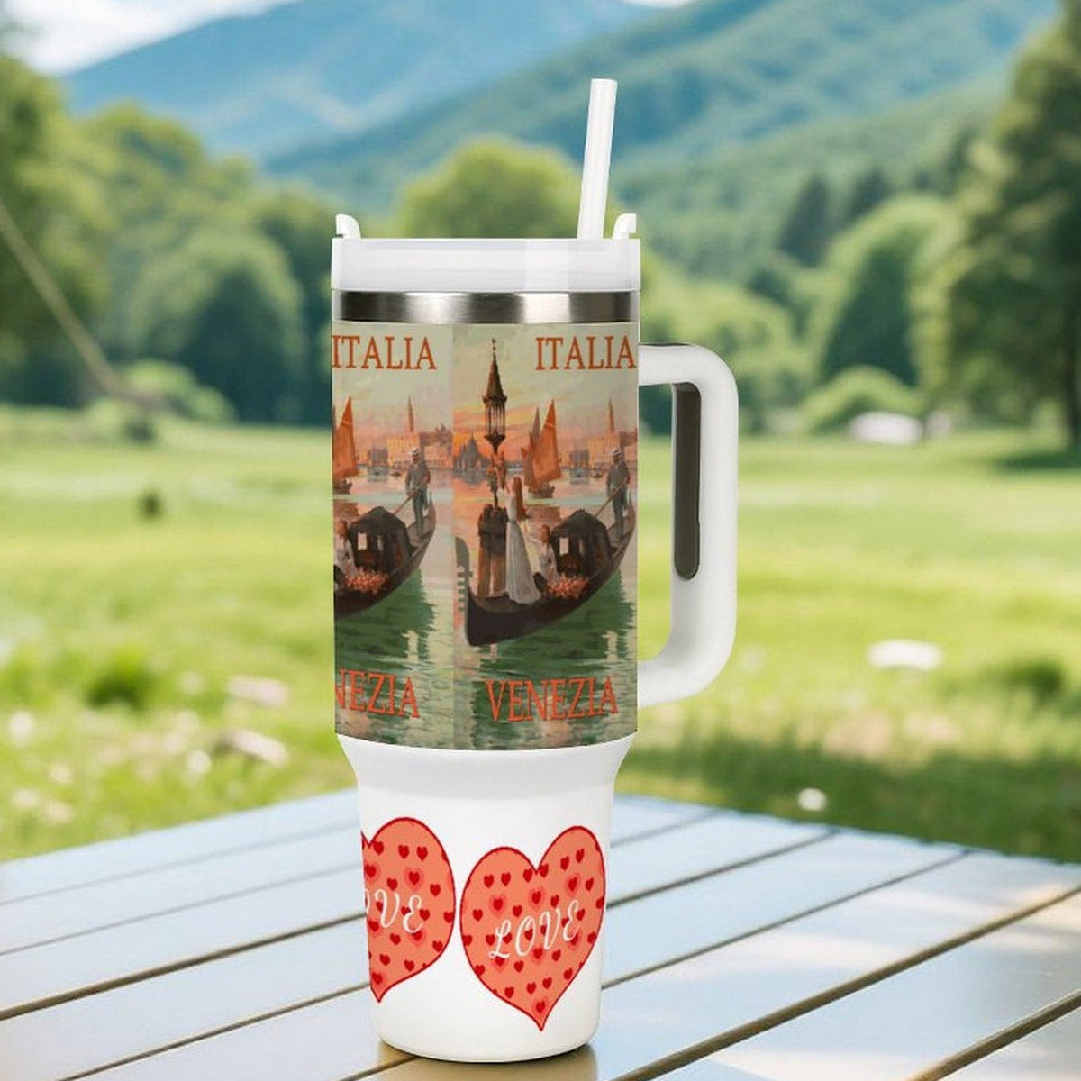 Venezia Italia Gondola Love 40oz Stainless Steel Tumbler with Handle and Lid