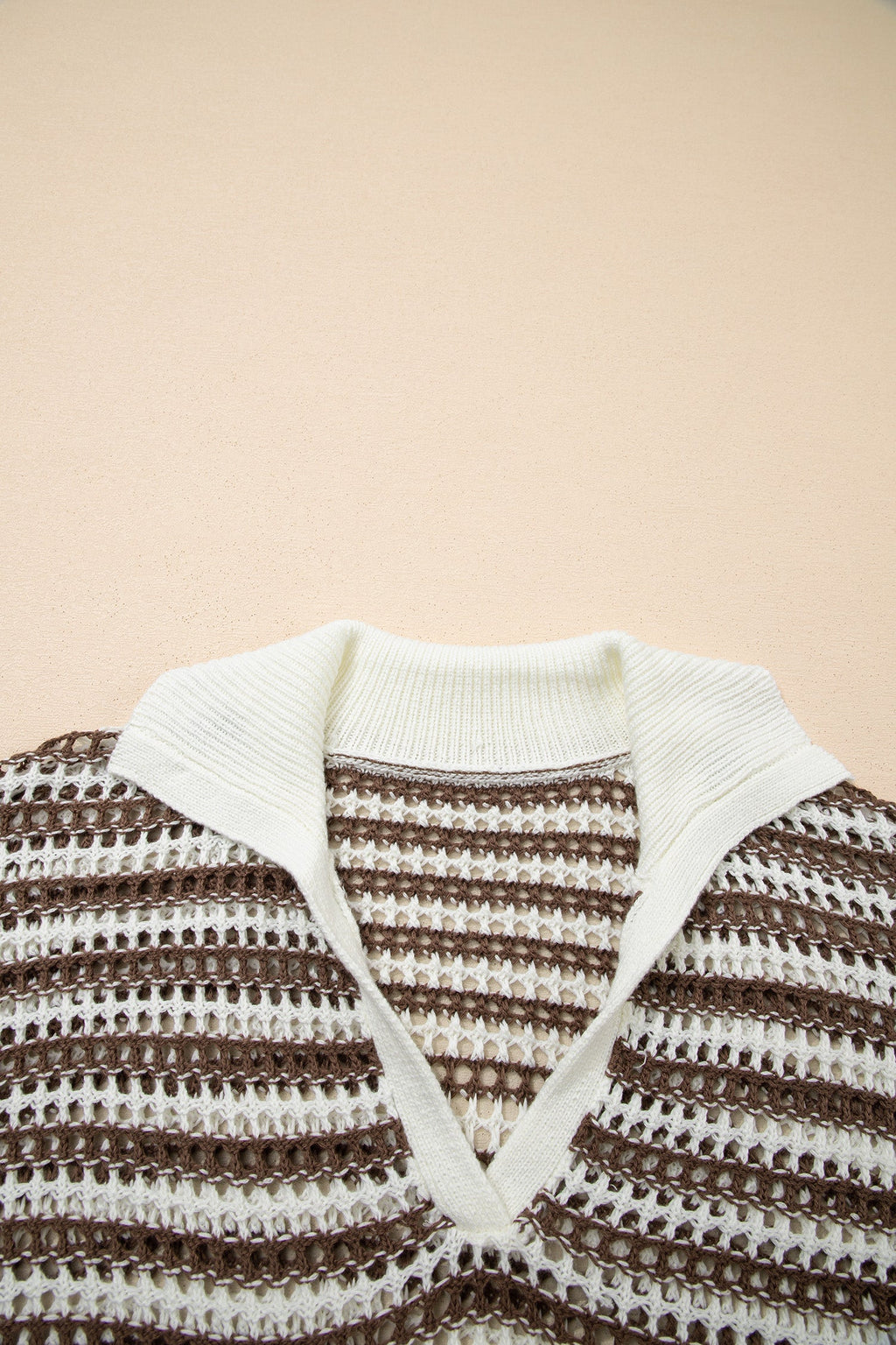 Stripe Eyelet Contrast Collared V-Neck Sweater