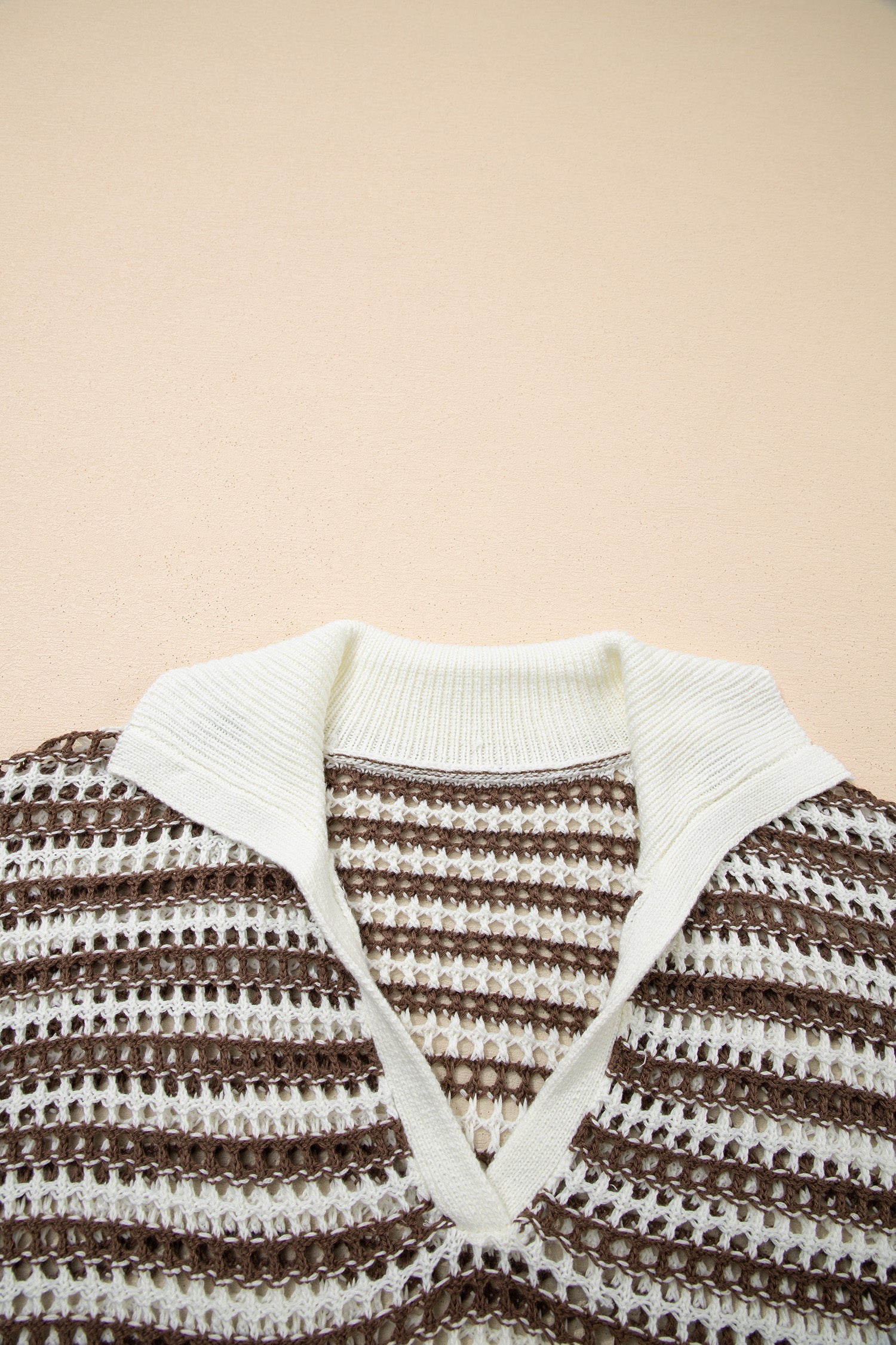 Stripe Eyelet Contrast Collared V-Neck Sweater