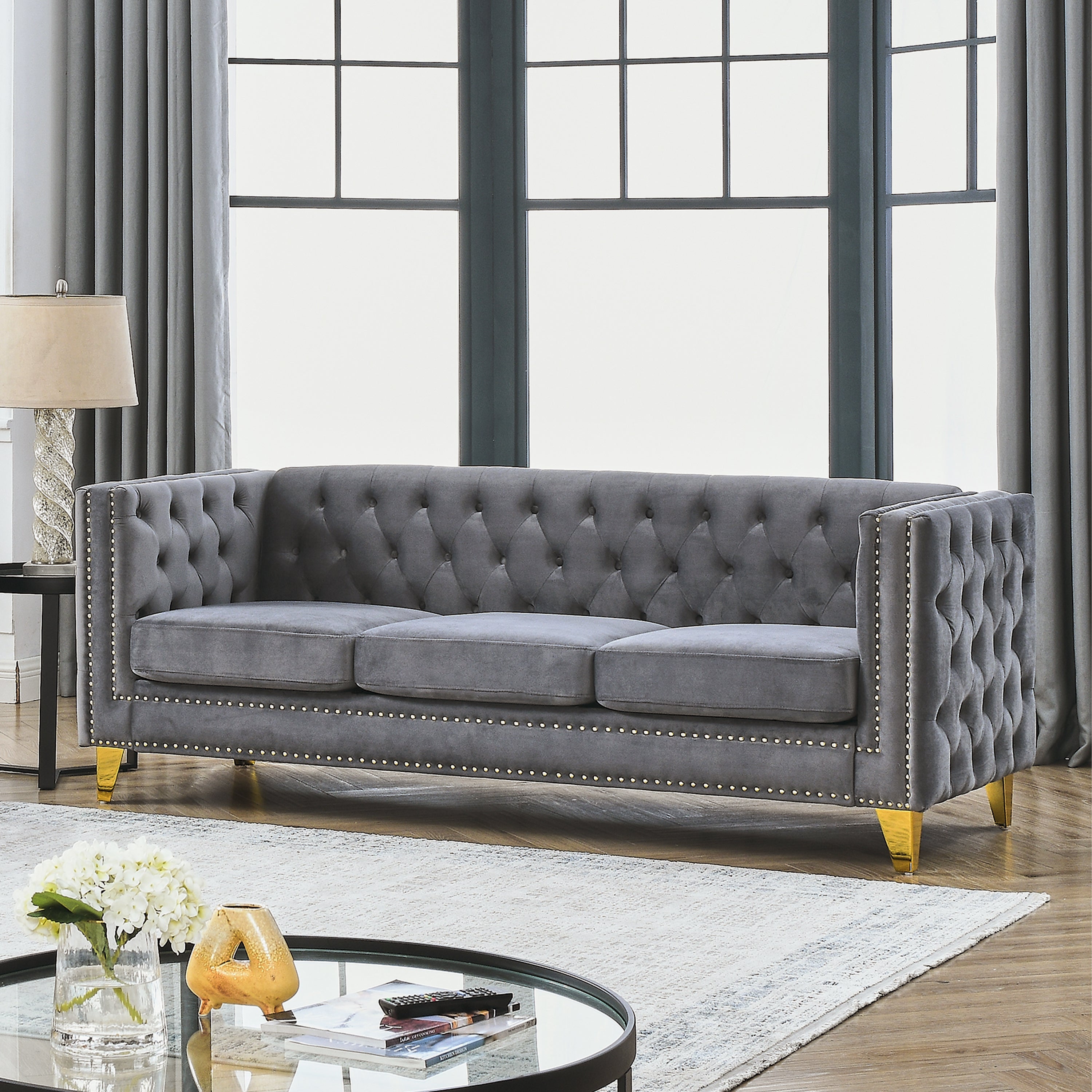 {Contact us for 3D modeling}  Velvet Sofa for Living Room,Buttons Tufted Square Arm Couch, Modern Couch Upholstered Button and Metal Legs, Sofa Couch for Bedroom, Grey Velvet(W834S00020)