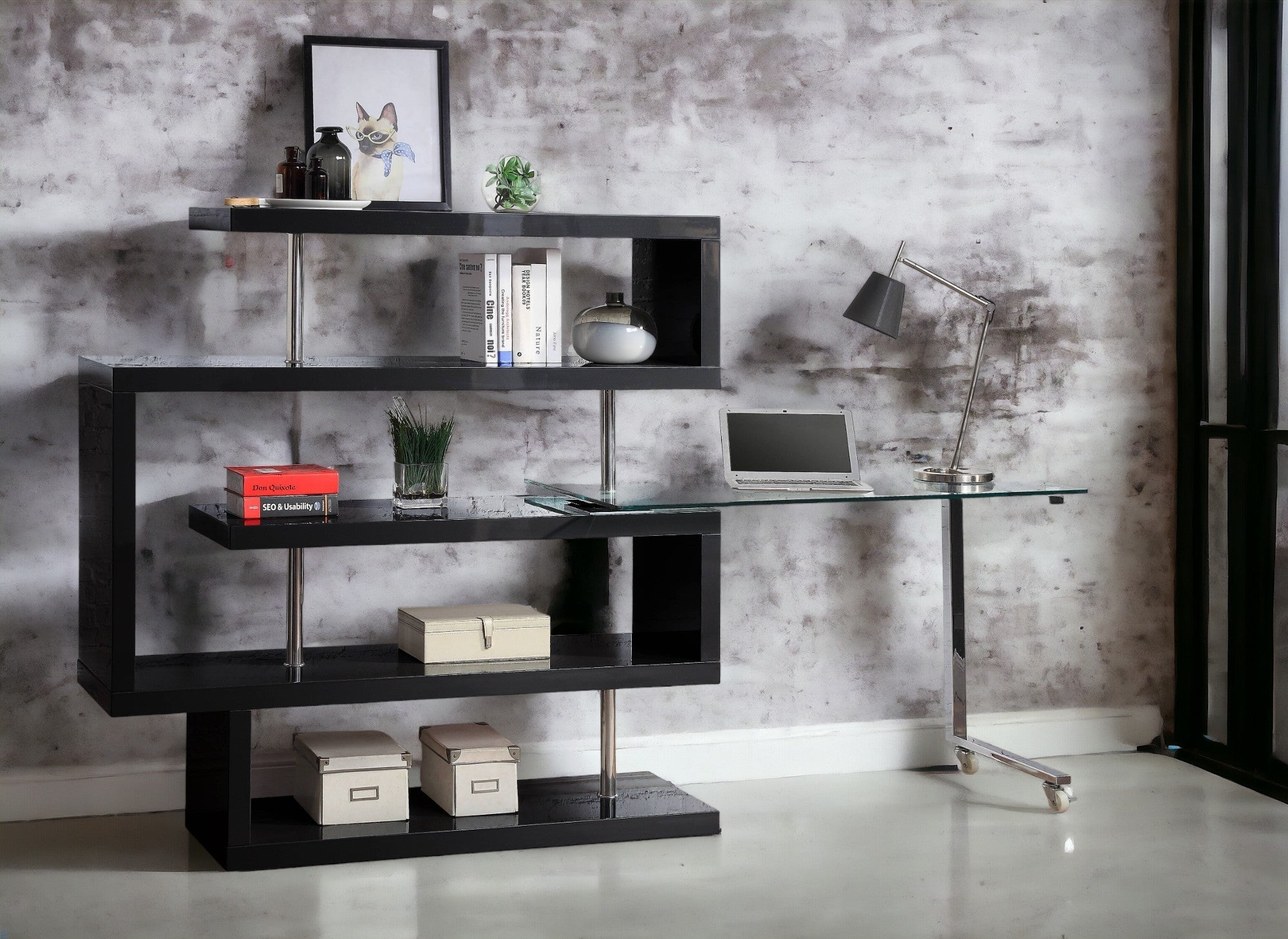Buck II Clear Glass, Chrome High Gloss Finish Writing Desk with Shelf