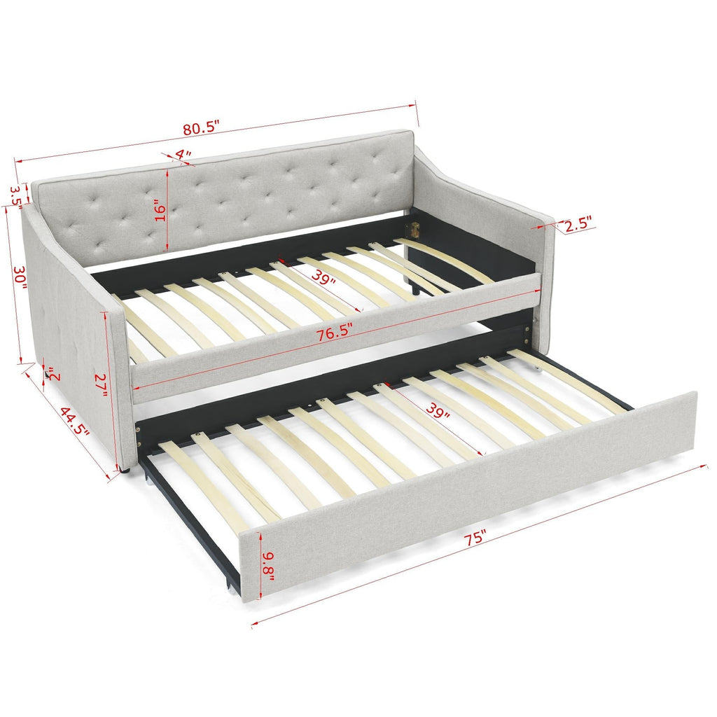 Twin Size Daybed with Twin Size Trundle Upholstered Tufted Sofa Bed,  Waved Shape Arms, Beige (80.5'x44.5'x33.5')