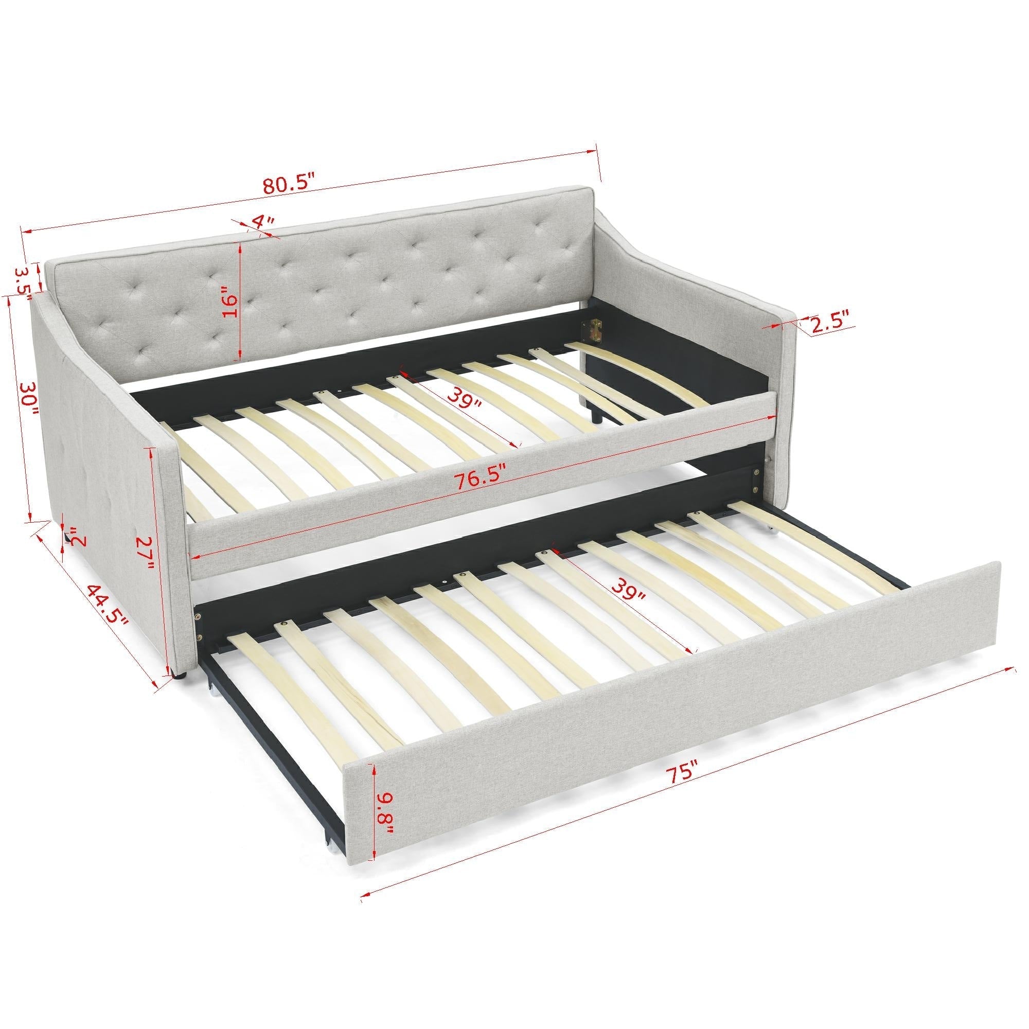 Twin Size Daybed with Twin Size Trundle Upholstered Tufted Sofa Bed,  Waved Shape Arms, Beige (80.5'x44.5'x33.5')