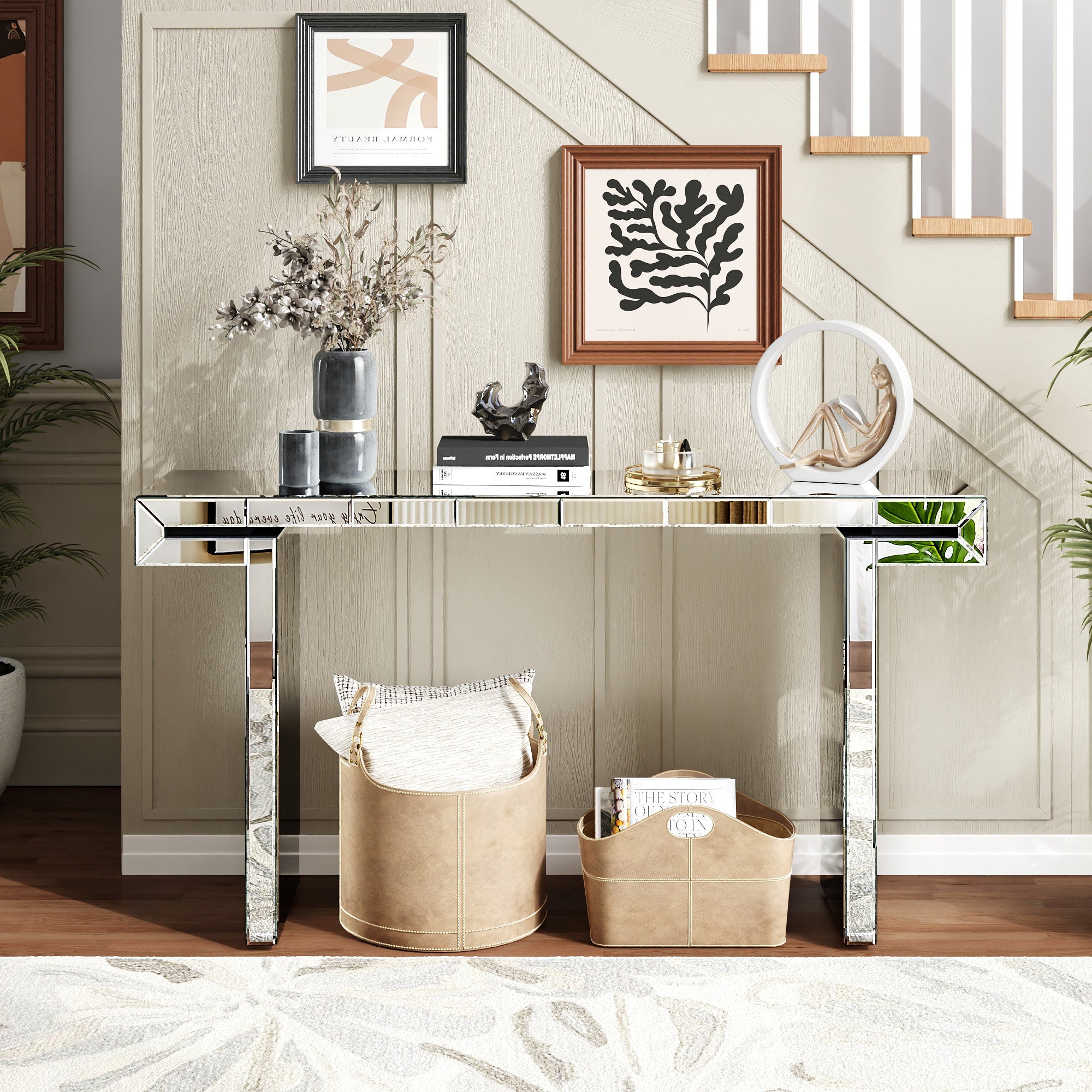 60 Inches Luxury Full-Length Mirror Console Table with Fluted Tempered Glass, Entryway Mirrored Sofa Table, Light Luxury Style, Scratch-Resistant, Reinforced Packaging