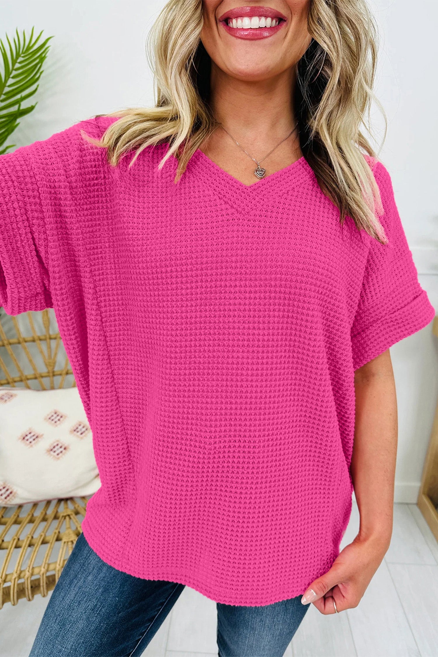 Solid Waffle Knit V-Neck Short Sleeve Top