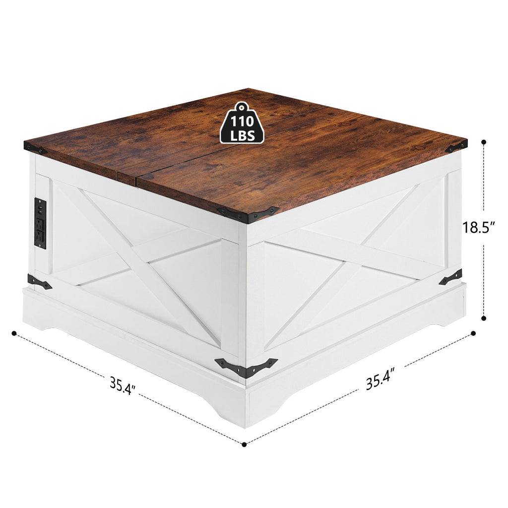 Lift-Top Coffee Table with Storage & Charging Station,Multi-functional Lifting Dining Table Coffee Table,Living Room Home Table,Space-Saving Modern Design.35.4'x 35.4',Vintage White