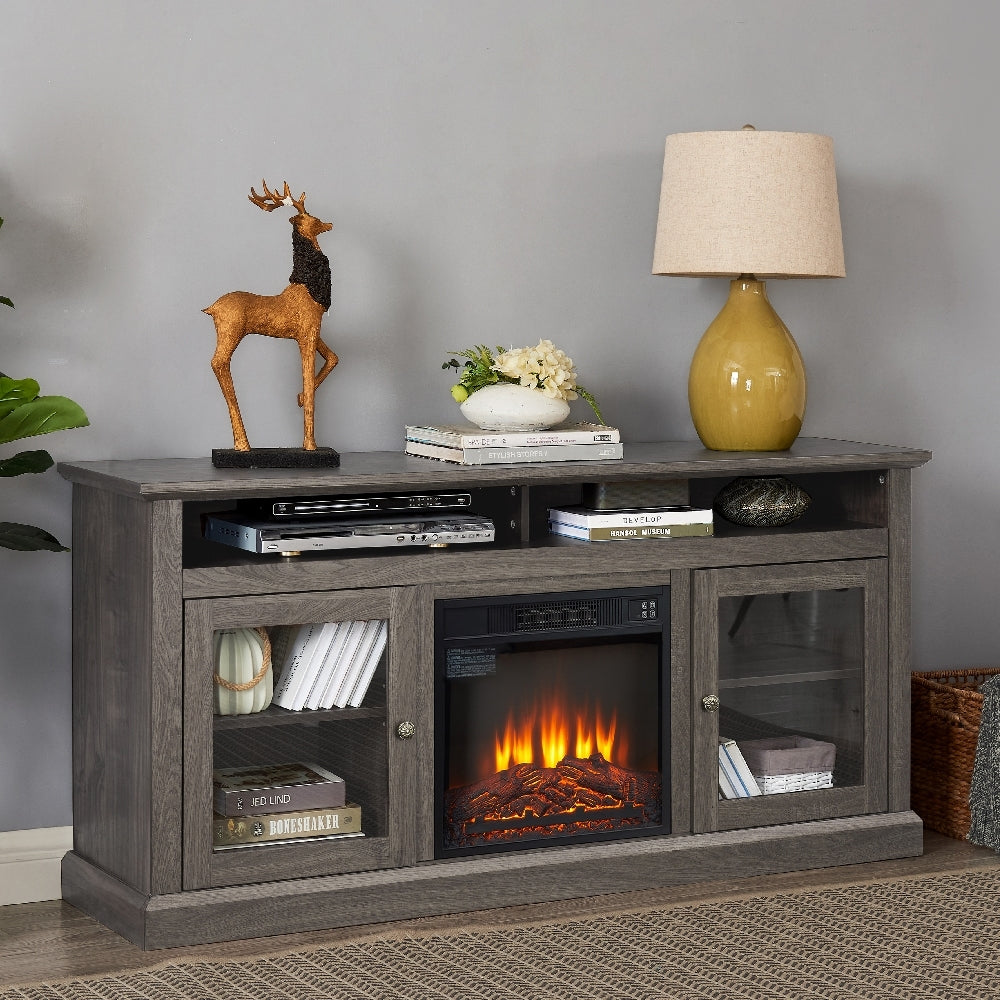 Retro TV Stand for 65'' TV, TV Console Cabinet with Storage, Open Shelves Entertainment Center with 18' Fireplace Insert  for Living Room Dark Walnut 60'W*15.75'D*29'H