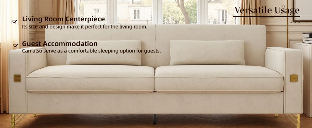FX-P18-BE(SOFA)Modern Beige Sofa Couch for Living Room, 85.83' Upholstered 3-Seater Sofa with Metal Legs & Pillows, Minimalist Style