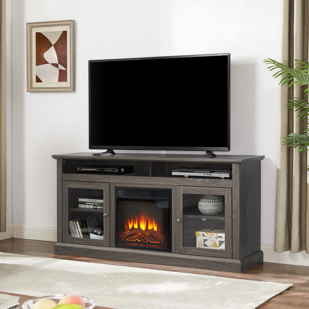 Retro TV Stand for 65'' TV, TV Console Cabinet with Storage, Open Shelves Entertainment Center with 18' Fireplace Insert  for Living Room Dark Walnut 60'W*15.75'D*29'H