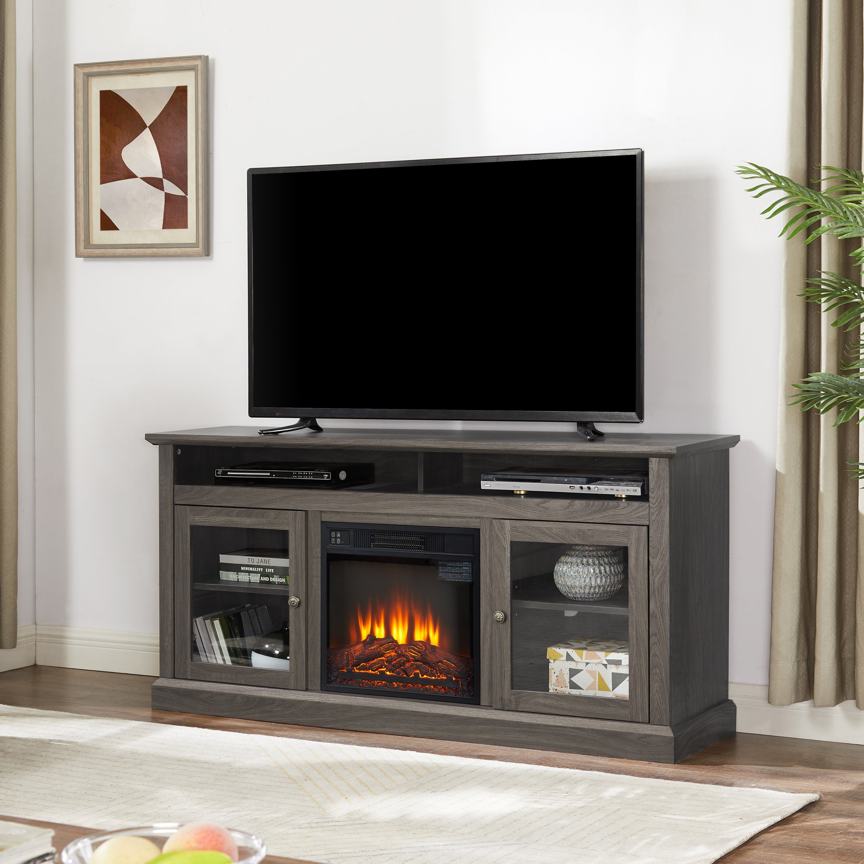 Retro TV Stand for 65'' TV, TV Console Cabinet with Storage, Open Shelves Entertainment Center with 18' Fireplace Insert  for Living Room Dark Walnut 60'W*15.75'D*29'H