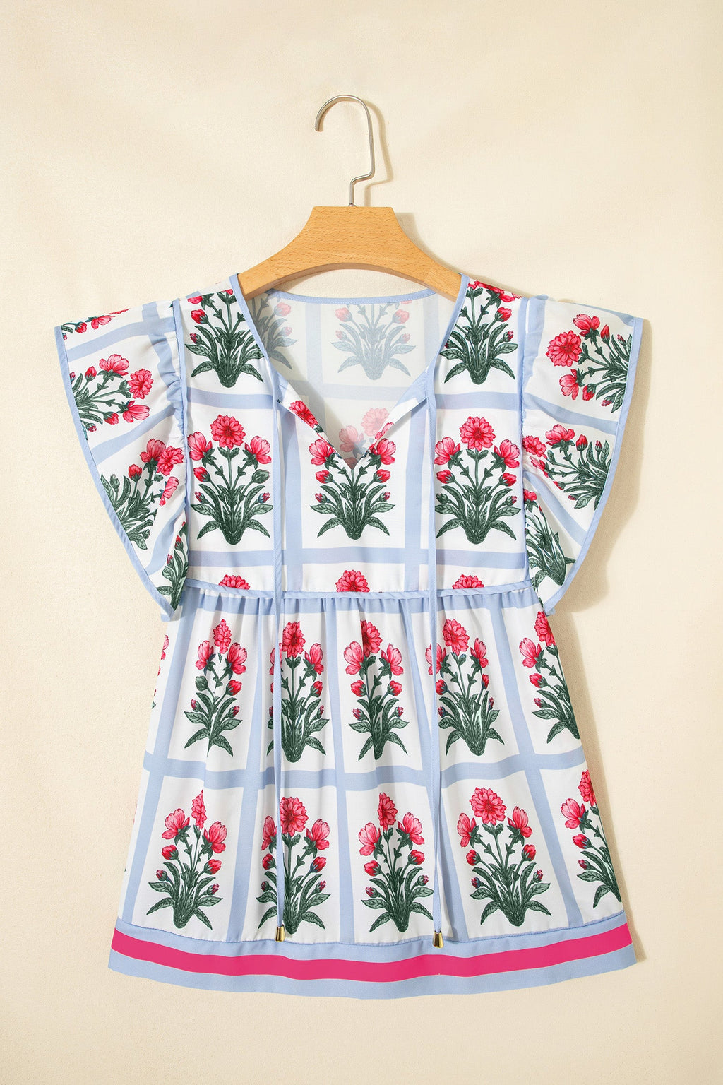Floral Flutter Sleeve Split V-Neck Top