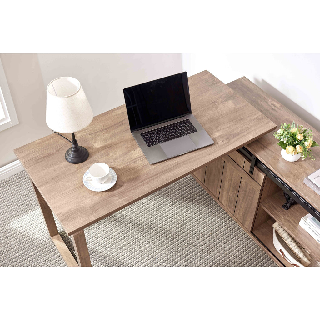Desk L-shaped Workstation Home Office attached storage credenza sliding barn door finished on the back reversible Hazelnut