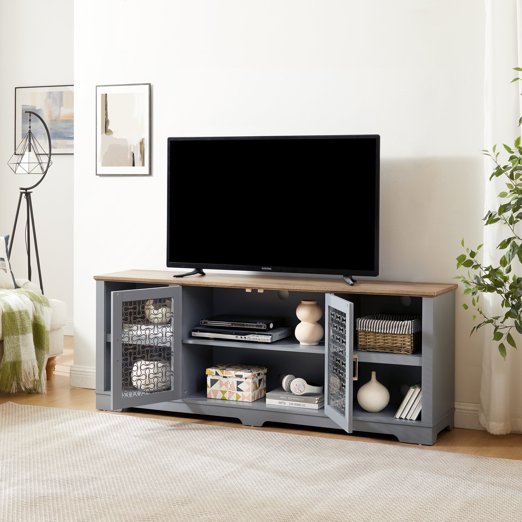 Modern Farmhouse TV Media Stand, Large Home Entertainment Console, for TV Up to 80'', with Open Shelves and Glass Door Cabinets, Light Blue and Light Oak, 70'W*15.55'D*26.85'H