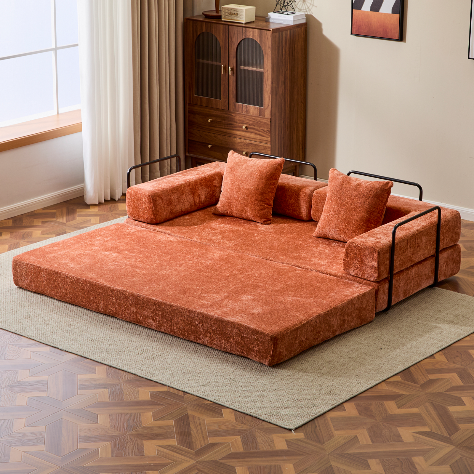 Floor Couch,Compression Sofa,Convertible Floor Sofa Bed-with Pillow Back Support Armrest,Comfy Futon Couch Lounge Sleeper Bed,chenille fabric,for Living Room Bedroom (orange)