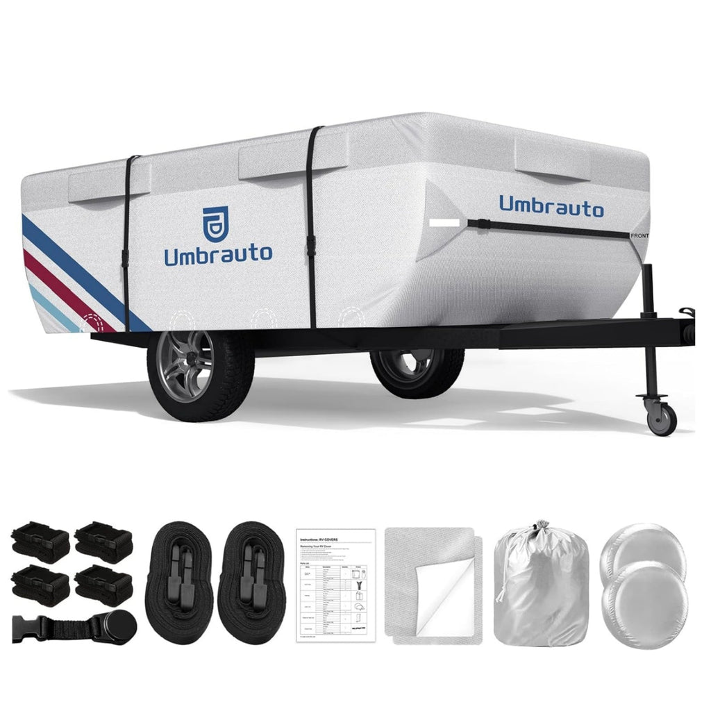 Umbrauto Pop Up Camper Cover, Folding Tent Trailers, 300D Silver Oxford, Waterproof, Windproof, Sun-Resistant, Tear-Resistant, Heavy-Duty RV Cover with Straps & Air Vents