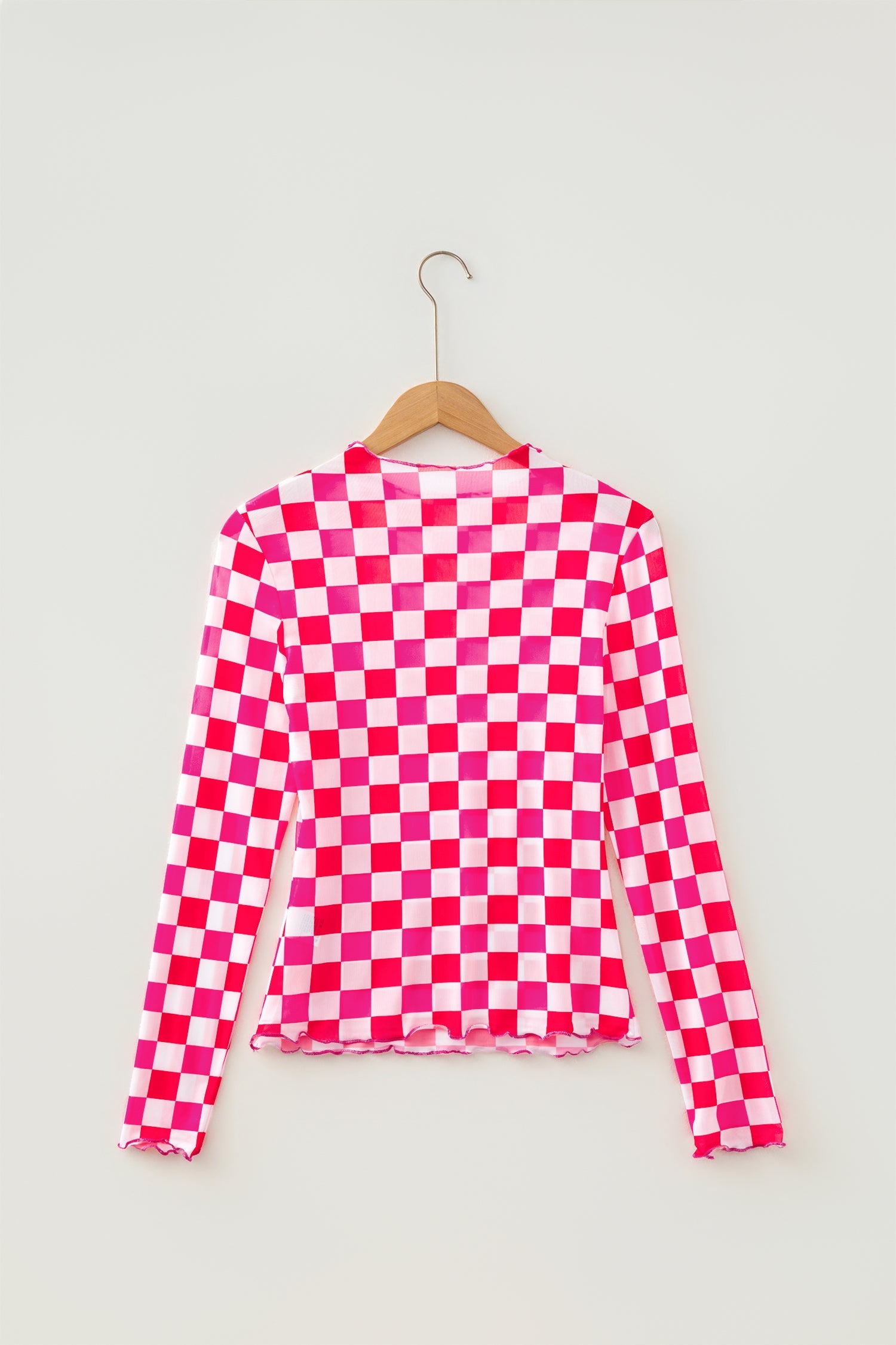 Checker Sheer Mesh Long Sleeve Blouse