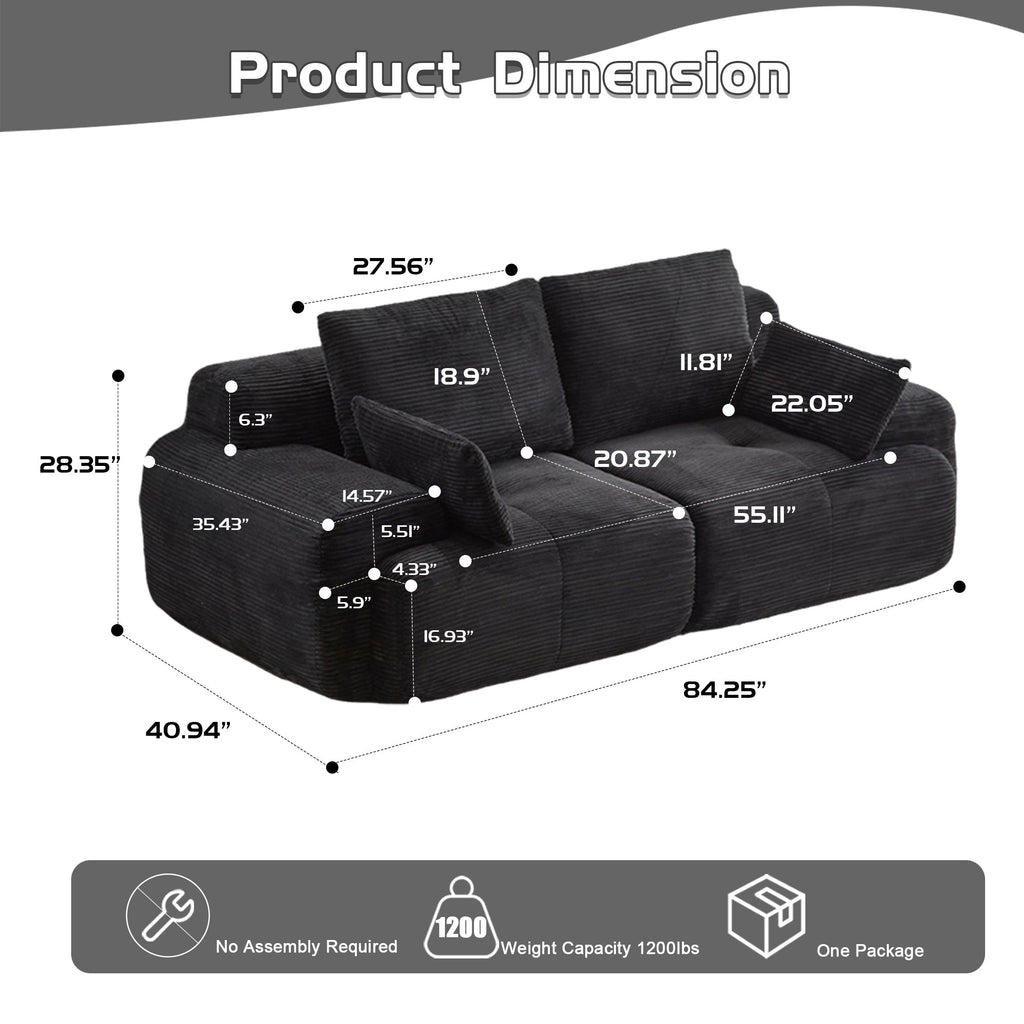 Modern Memory Foam Compressed Sofa,2 Seater Large Sectional Couches for Living Room,Pet-Friendly Cloud Modular Sectional Sofa,Corduroy Fabric,Extra Deep Loveseat,No Assembly required, Black